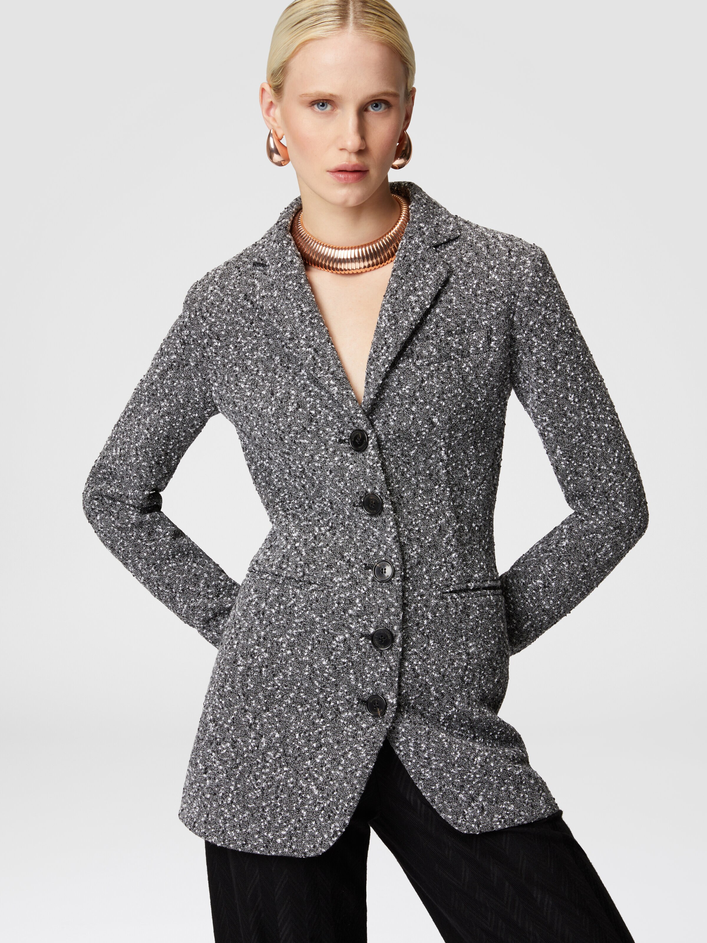 Long blazer in a mélange cotton blend, Black & White - 3