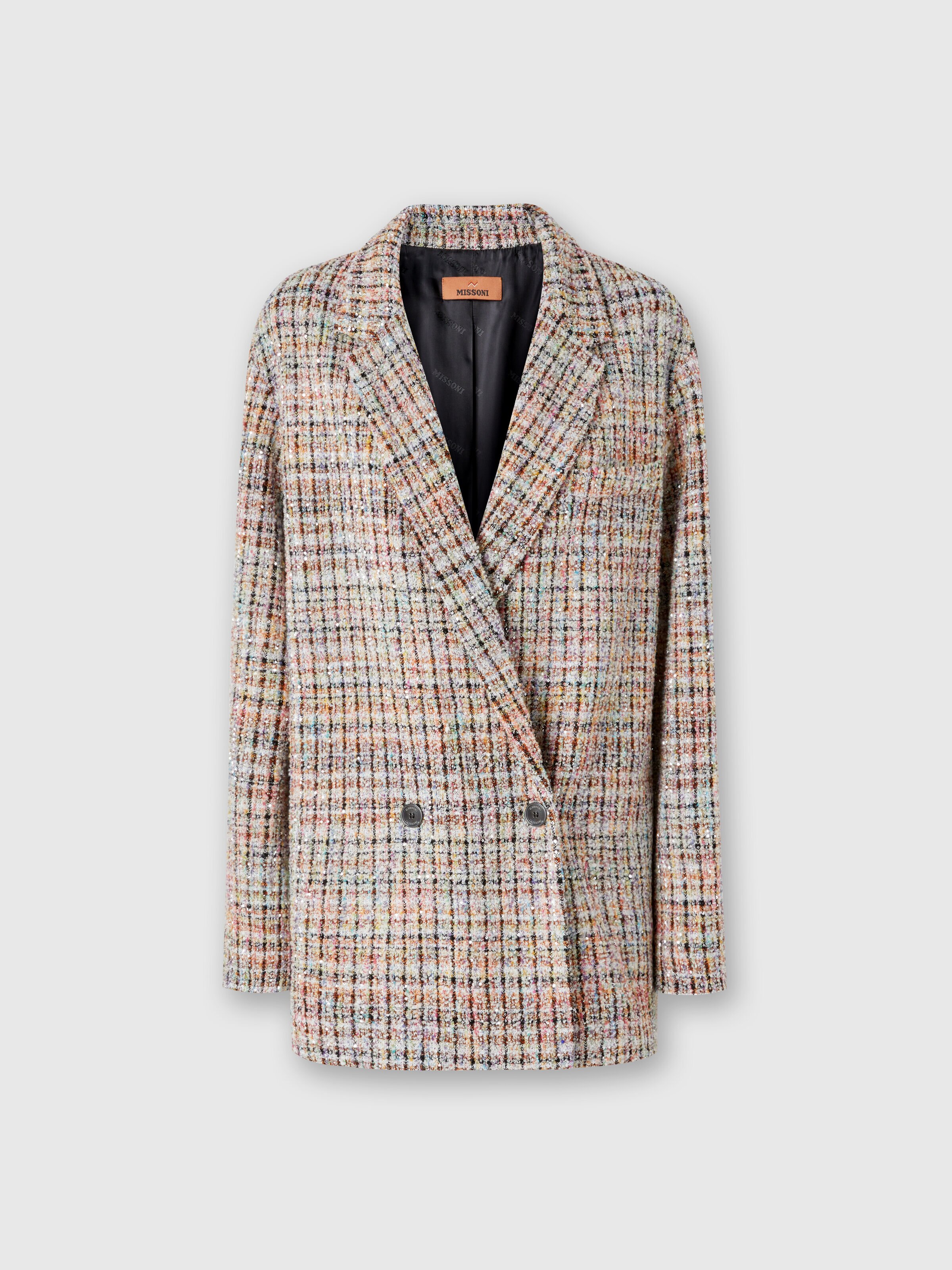 Double-breasted bouclé checkered blazer with sequins, Multicoloured  - 0
