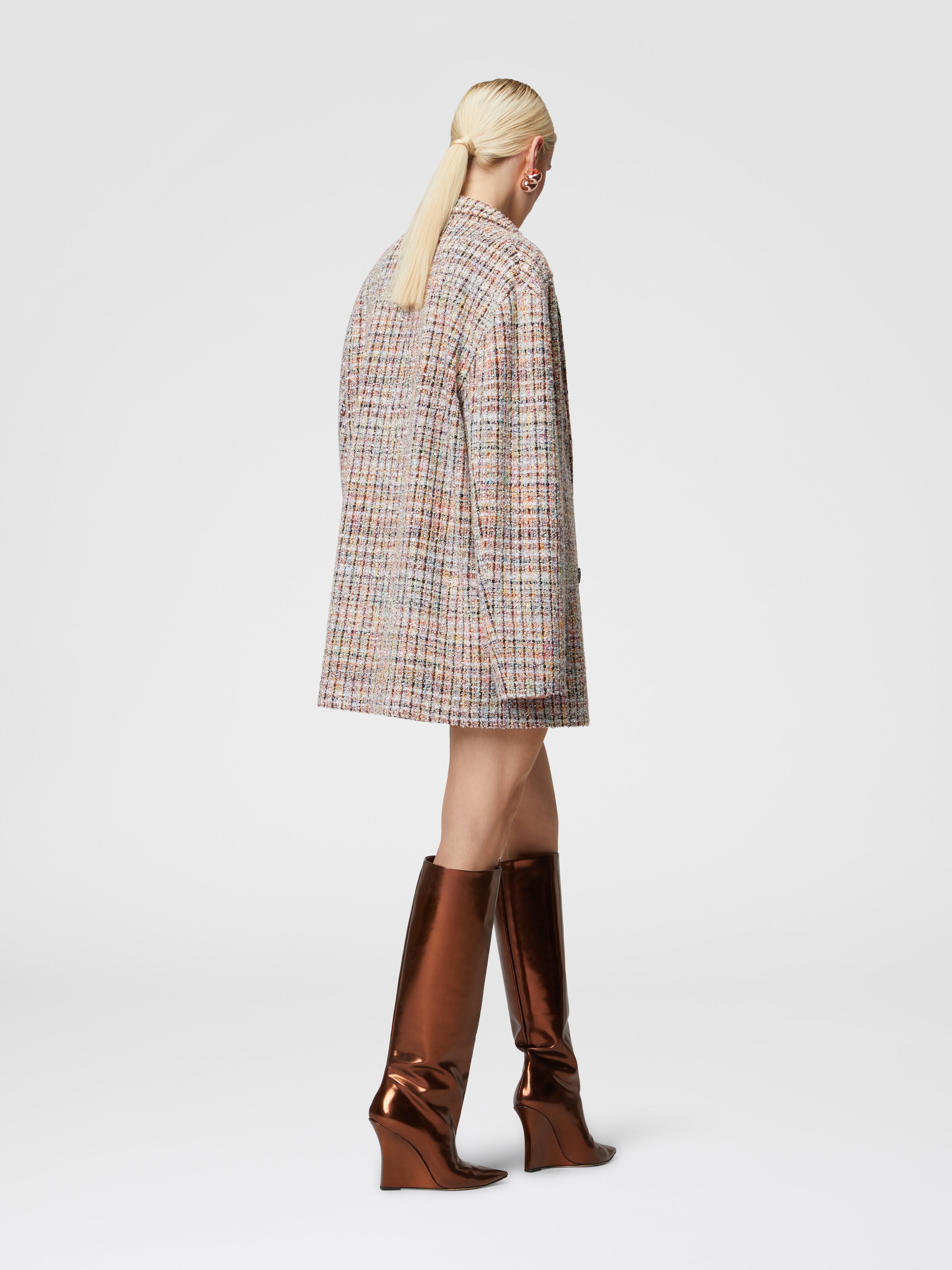 Double-breasted bouclé checkered blazer with sequins, Multicoloured  - 1