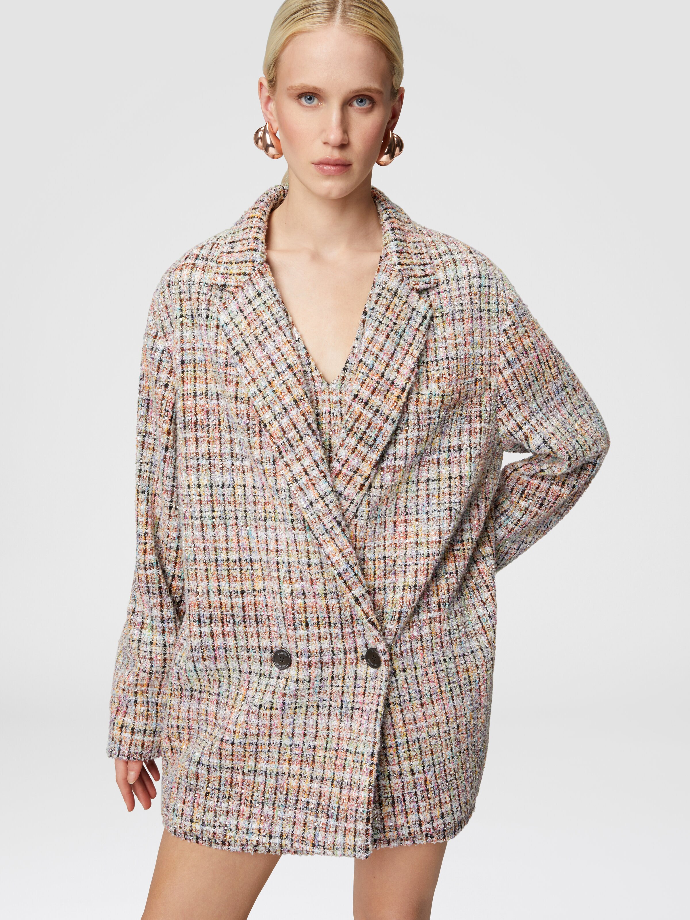 Double-breasted bouclé checkered blazer with sequins, Multicoloured  - 3
