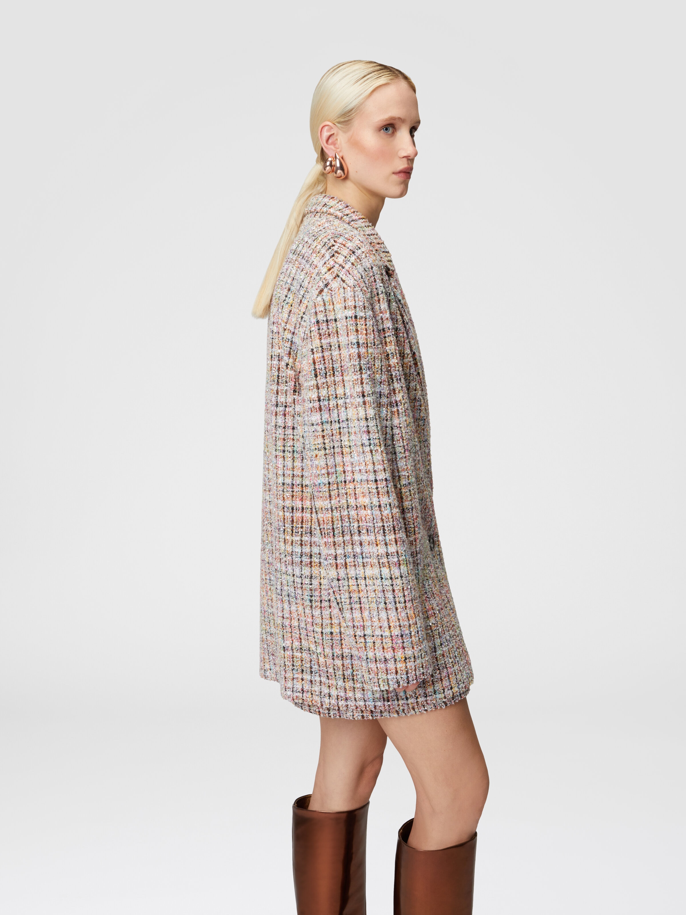 Double-breasted bouclé checkered blazer with sequins, Multicoloured  - 4
