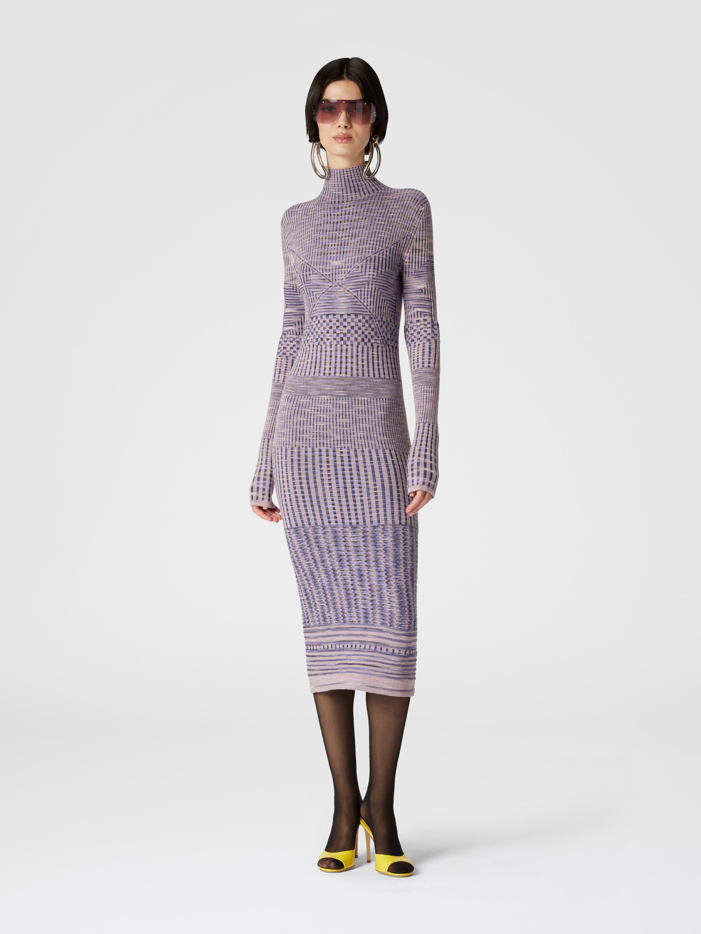 Slub wool turtleneck midi dress, Blue - 1