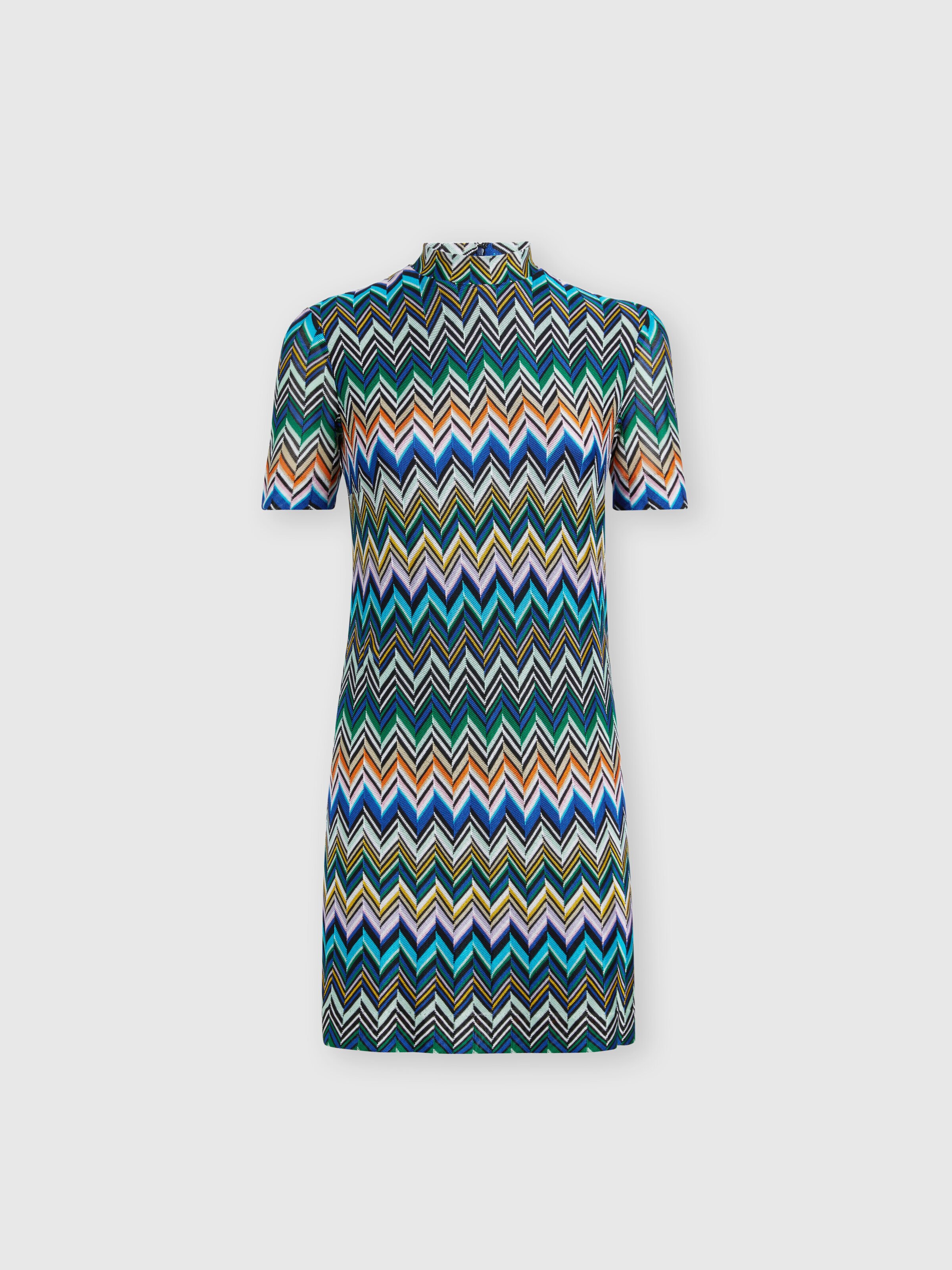 Mini-robe à manches courtes en viscose zig zag, Bleu & Multicolore  - 0