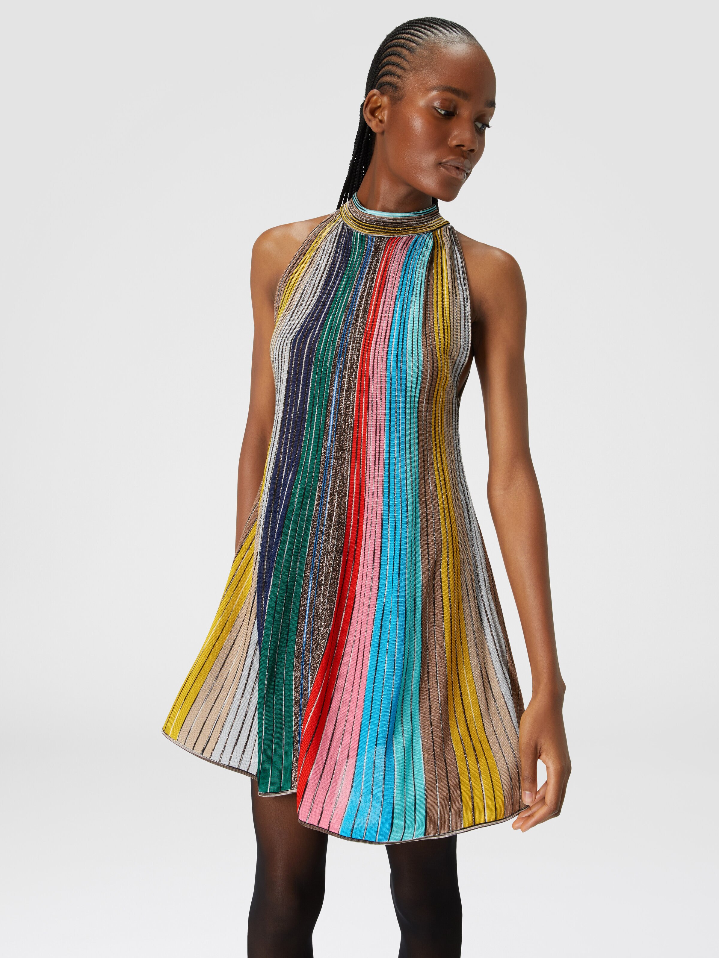 Sleeveless mini-dress in lamé pleated knit, Multicoloured  - 3