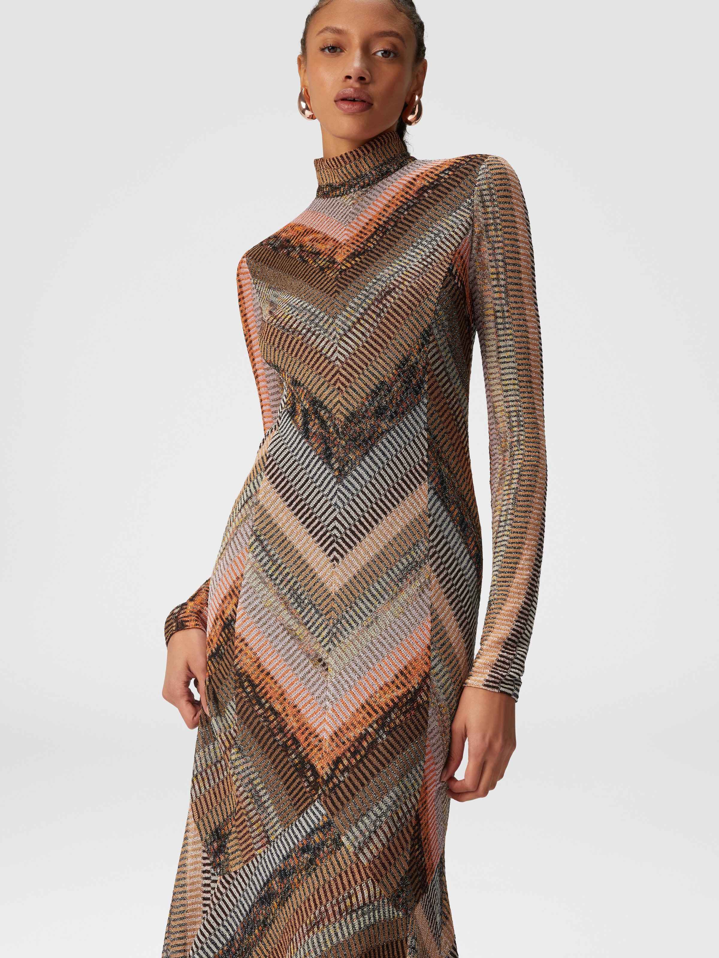 Long dress with flared hem and mock neck with zip, Multicoloured  - 3