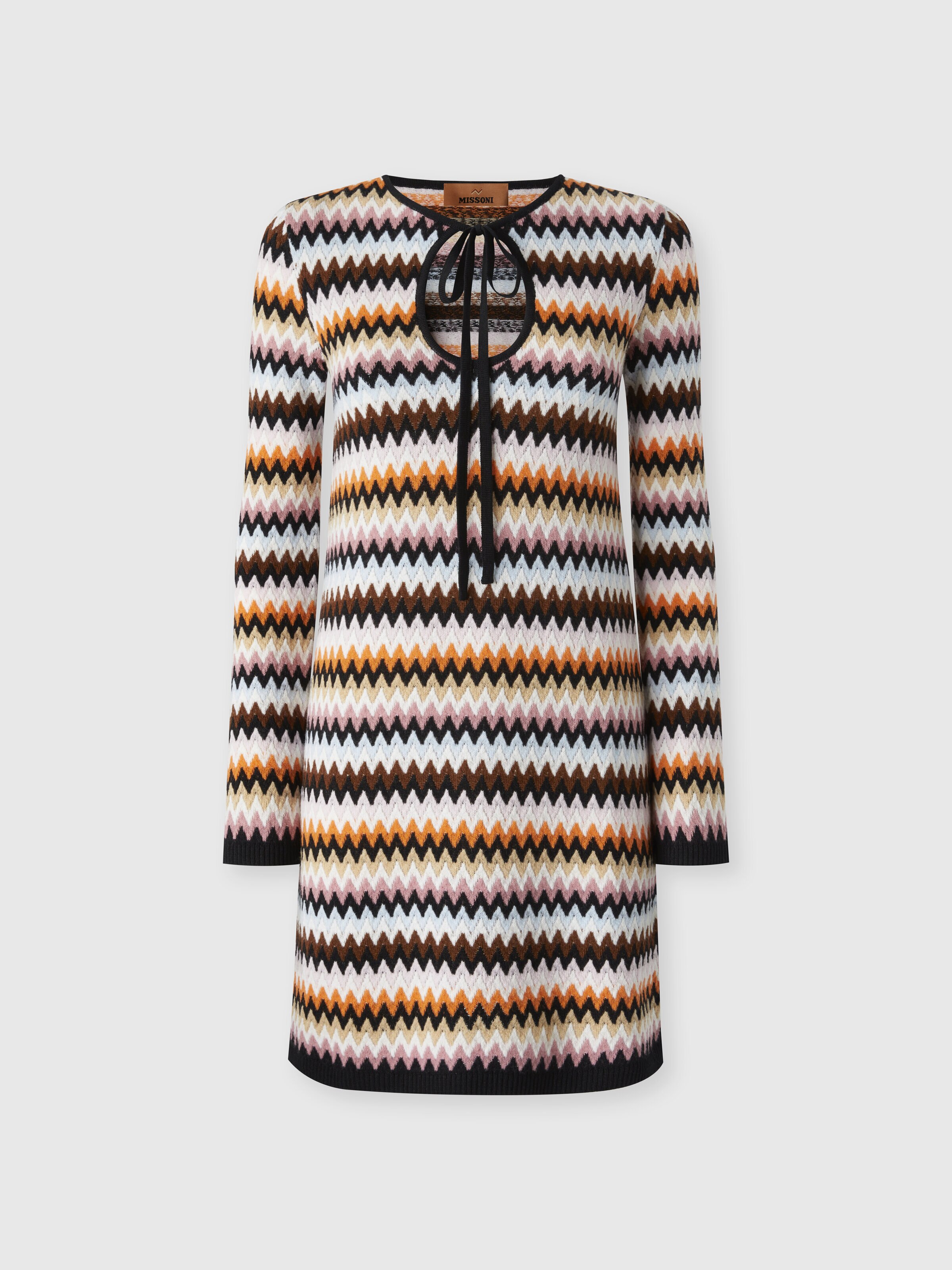 Zigzag wool mini-dress with contrasting piping, Multicoloured  - 0