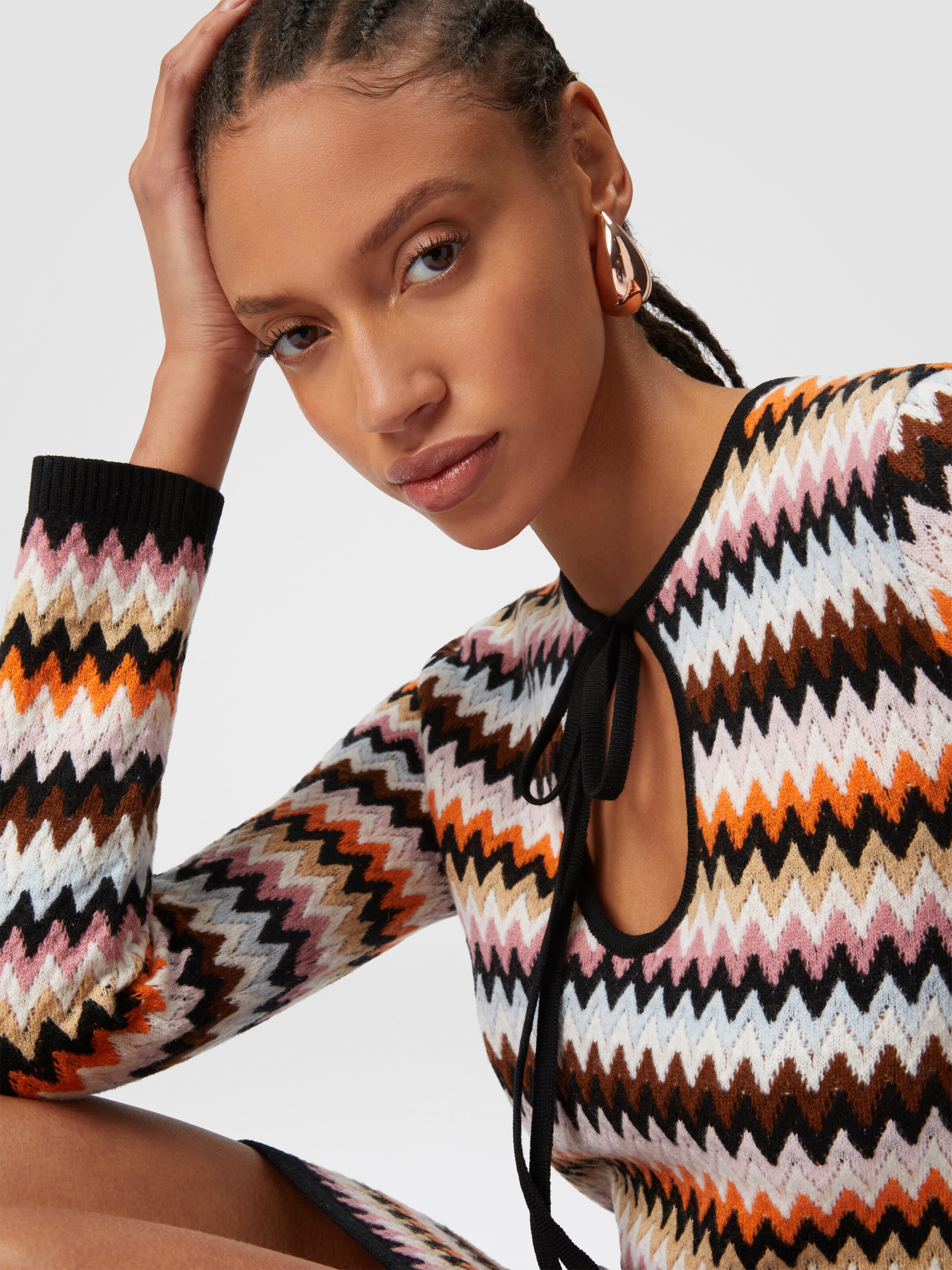Zigzag wool mini-dress with contrasting piping, Multicoloured  - 3
