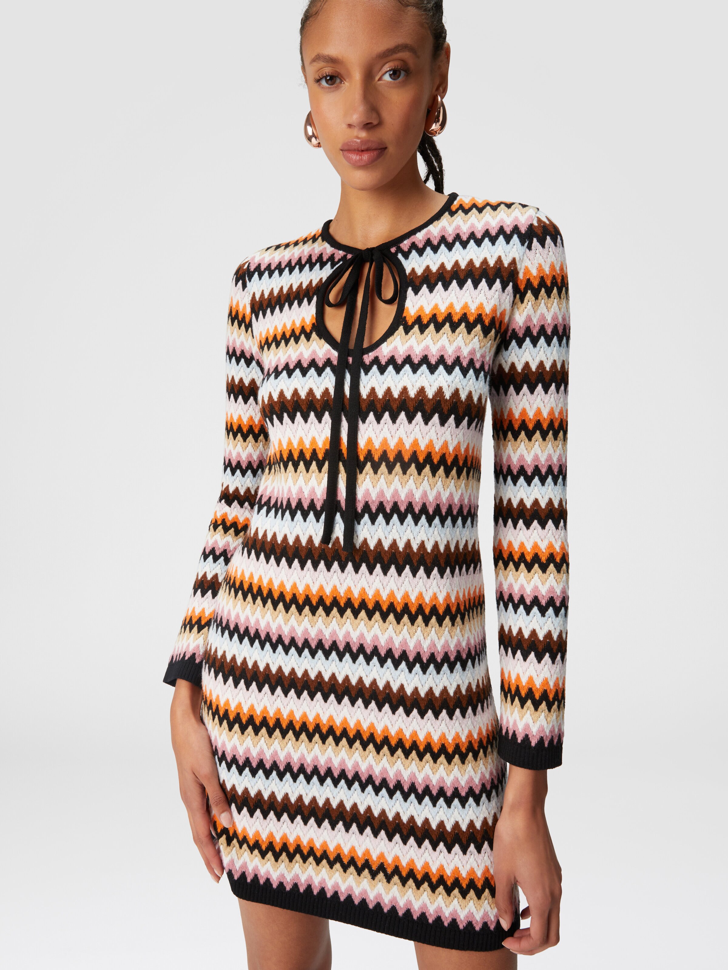 Zigzag wool mini-dress with contrasting piping, Multicoloured  - 4