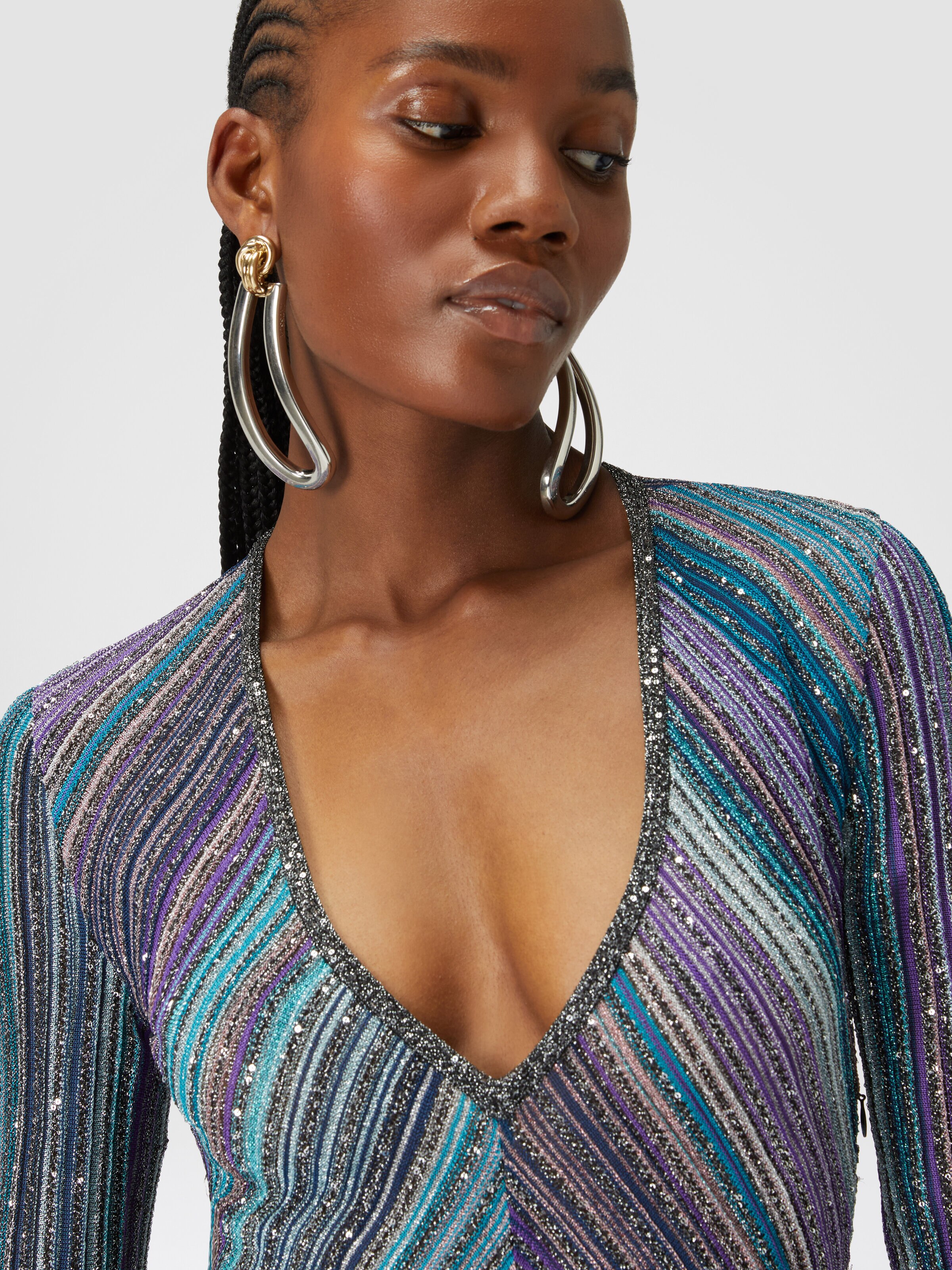 Long dress in lamé pleated knit, Multicoloured  - 3