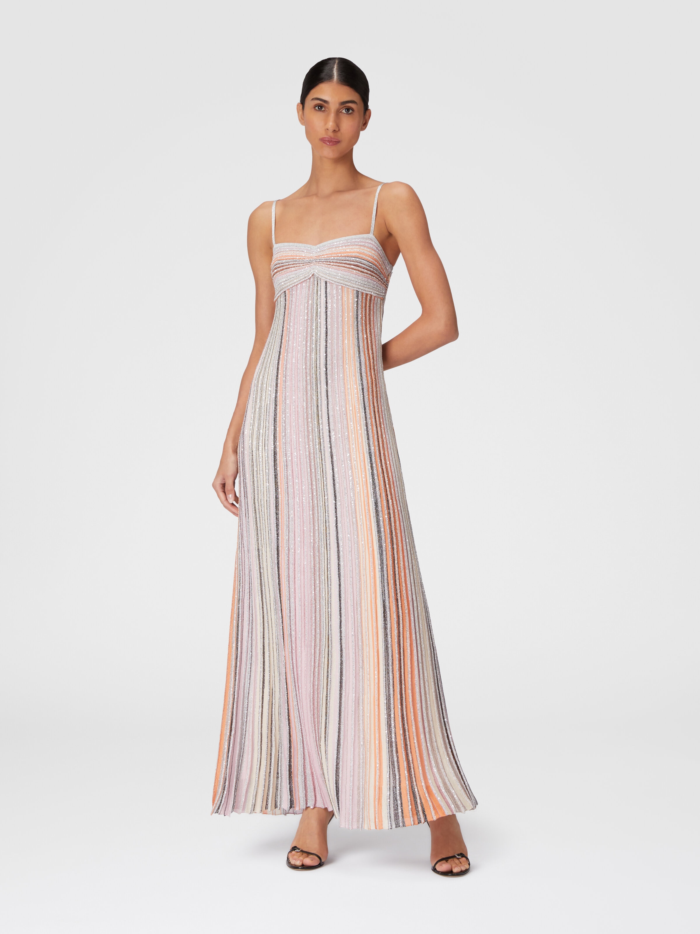 Long sleeveless dress in lamé pleated knit, Multicoloured  - 1