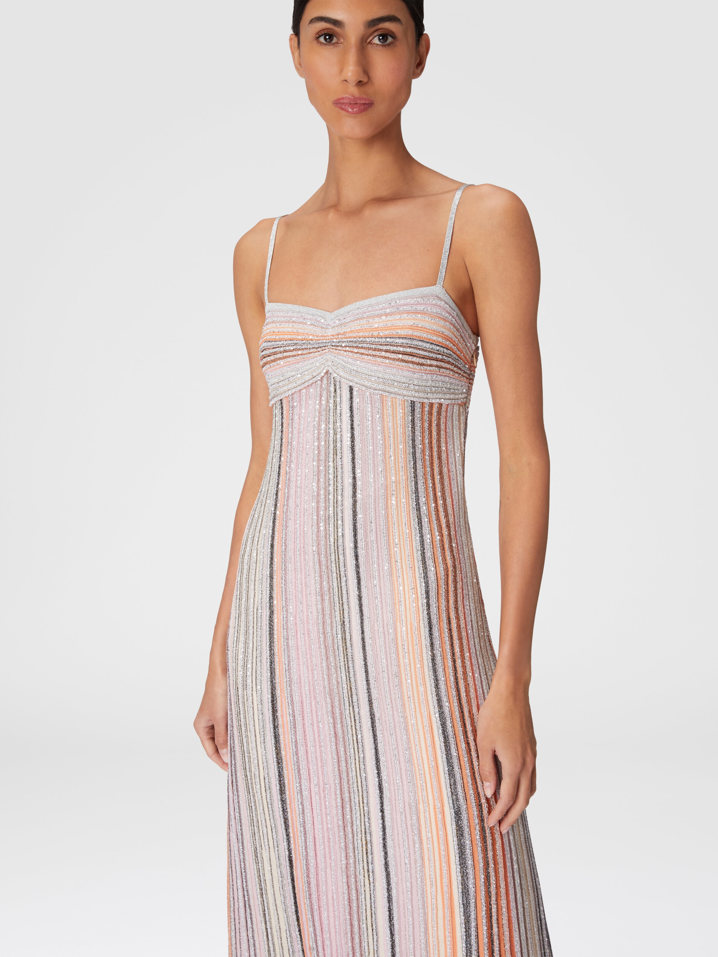 Long sleeveless dress in lamé pleated knit, Multicoloured  - 3