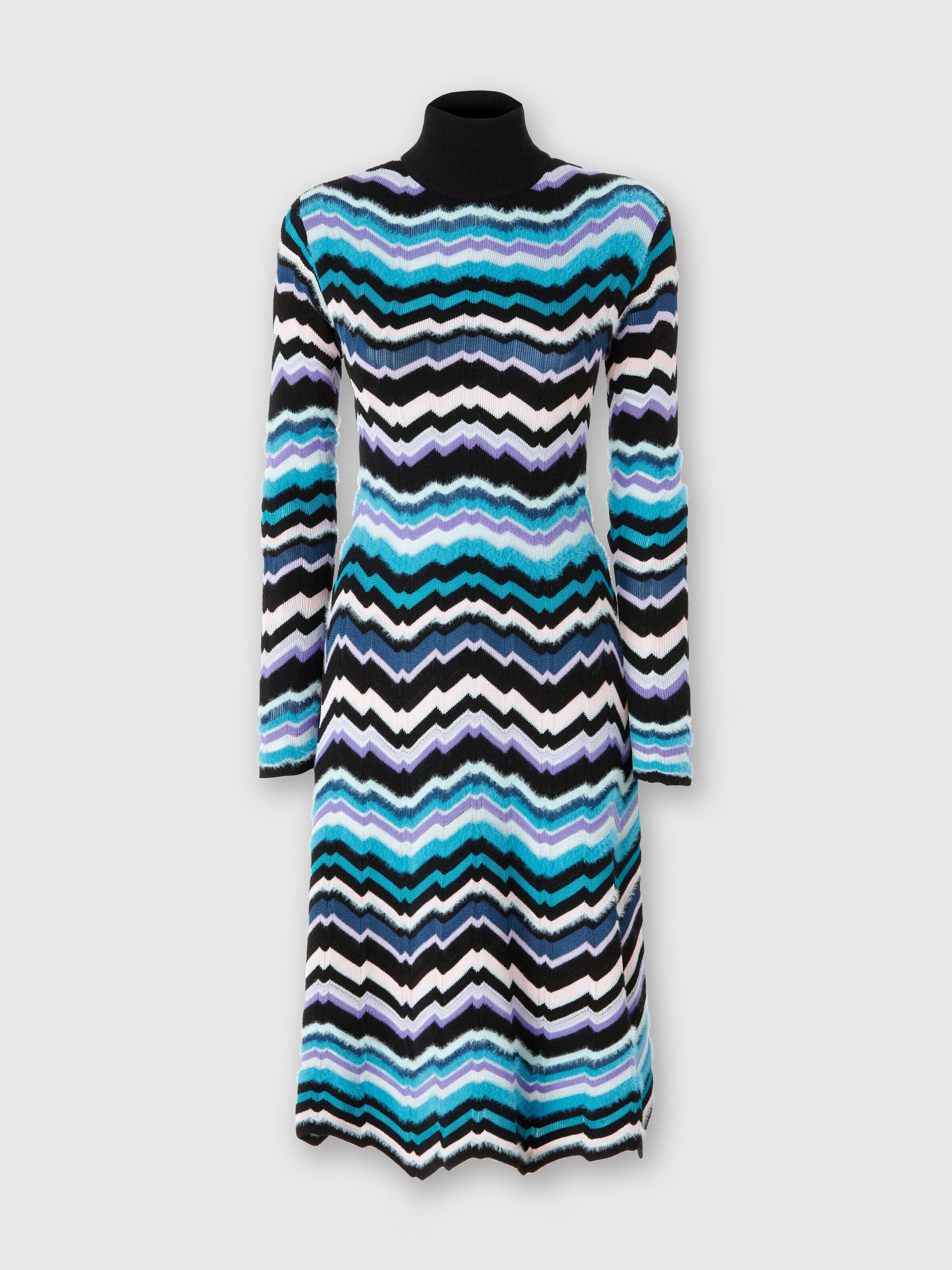 High-necked midi dress with Greek zigzag motif, Multicoloured  - 0