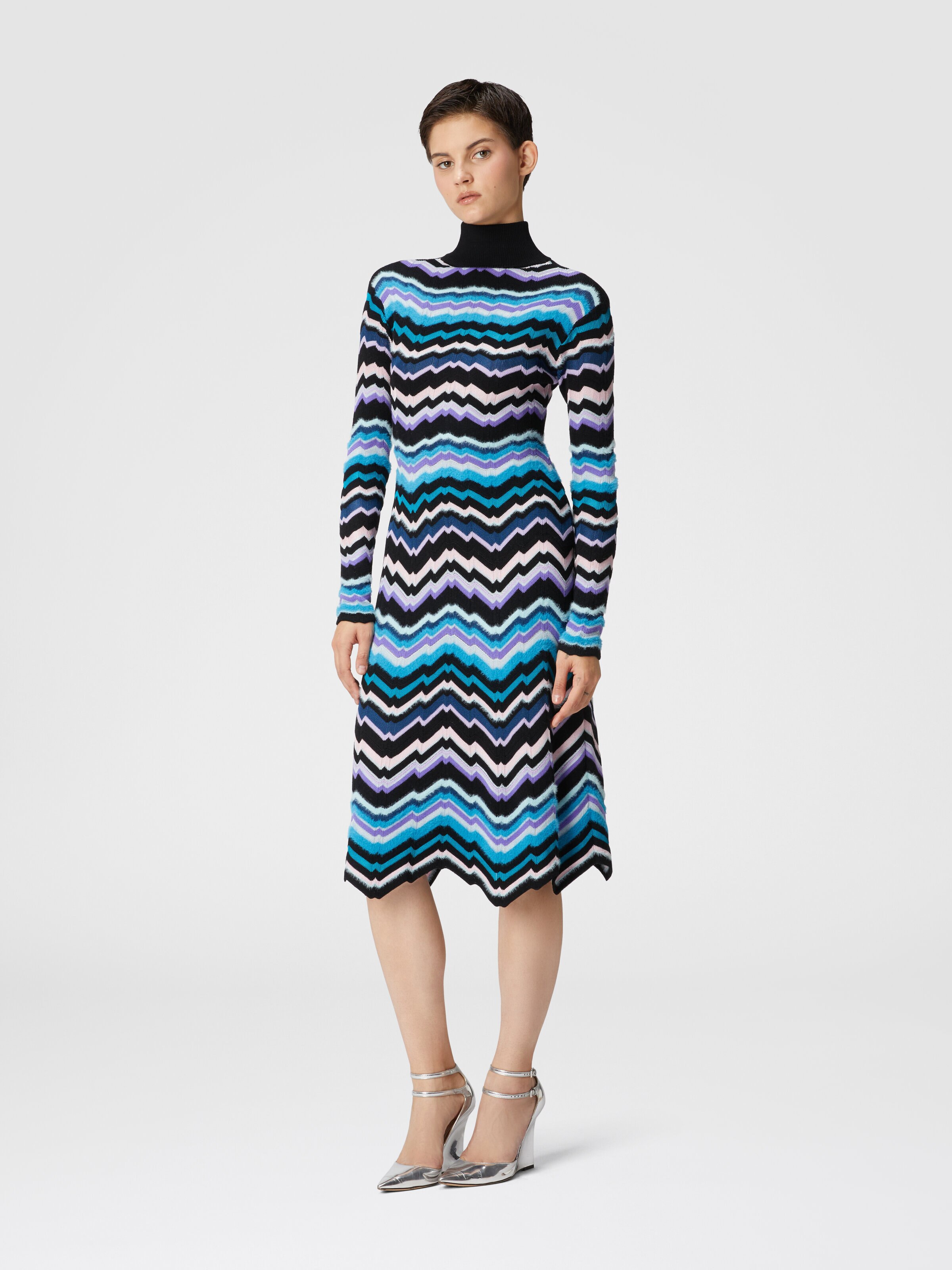 High-necked midi dress with Greek zigzag motif, Multicoloured  - 1