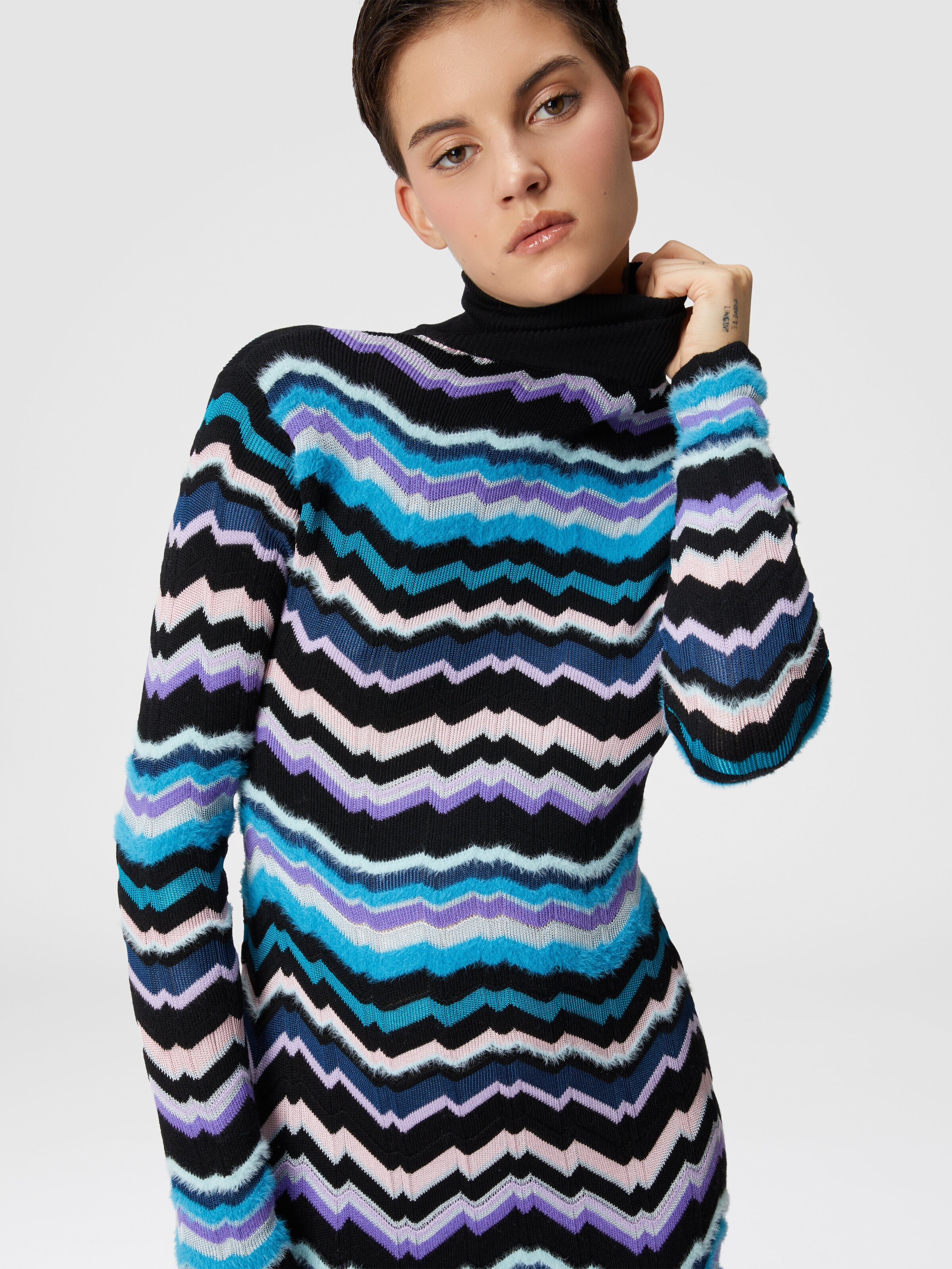 High-necked midi dress with Greek zigzag motif, Multicoloured  - 3