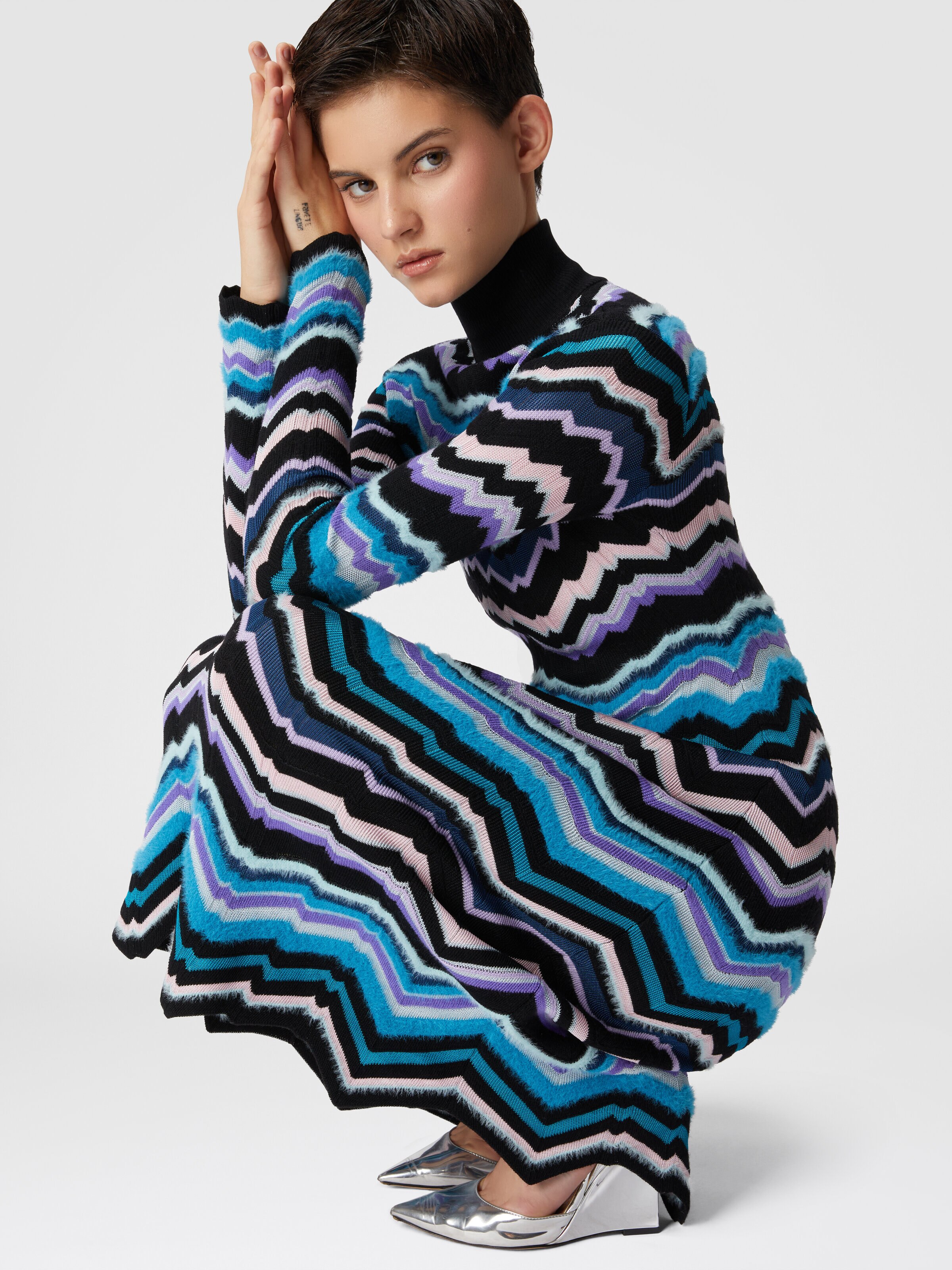 High-necked midi dress with Greek zigzag motif, Multicoloured  - 4
