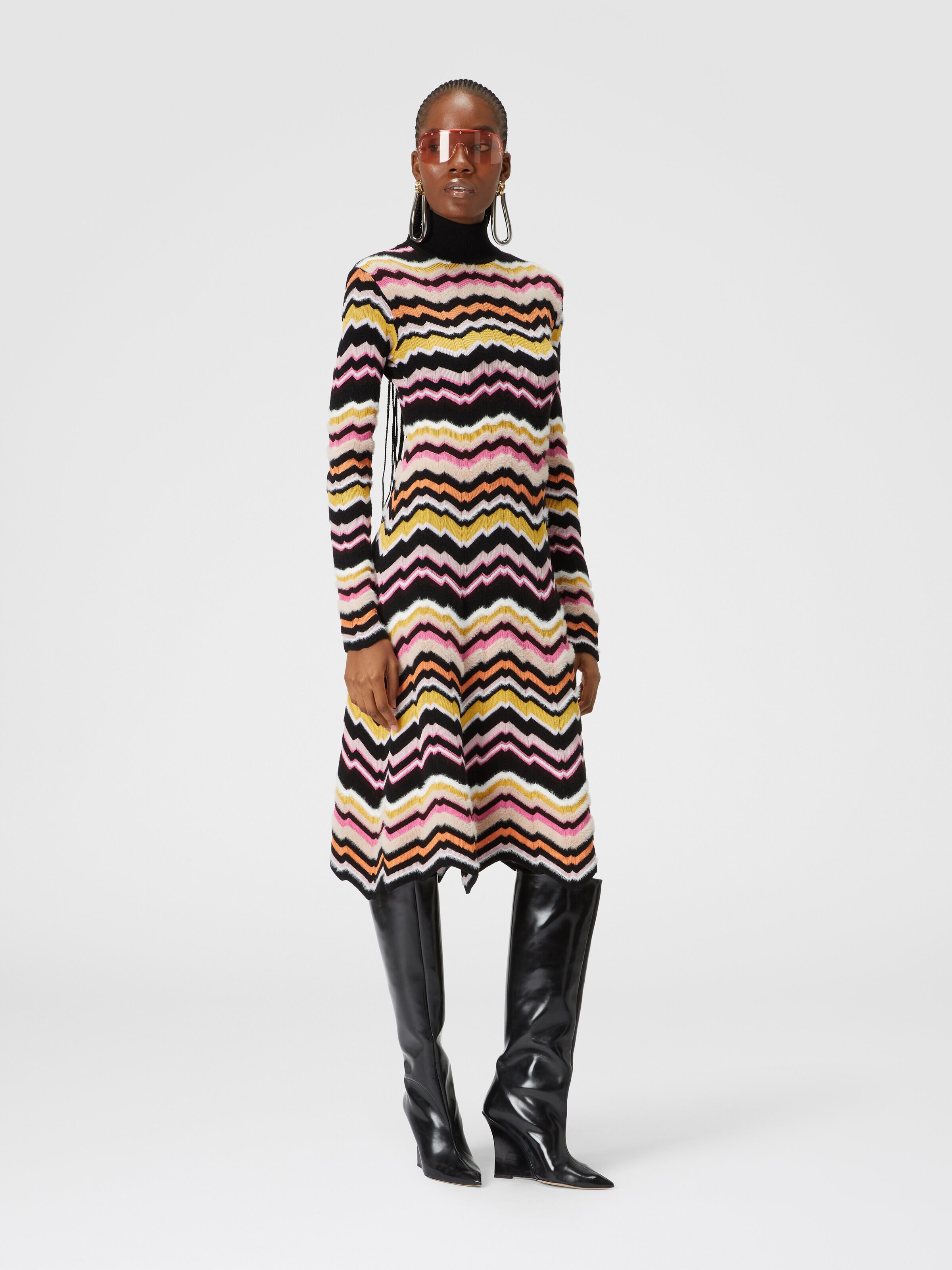 High-necked midi dress with Greek zigzag motif, Multicoloured  - 1