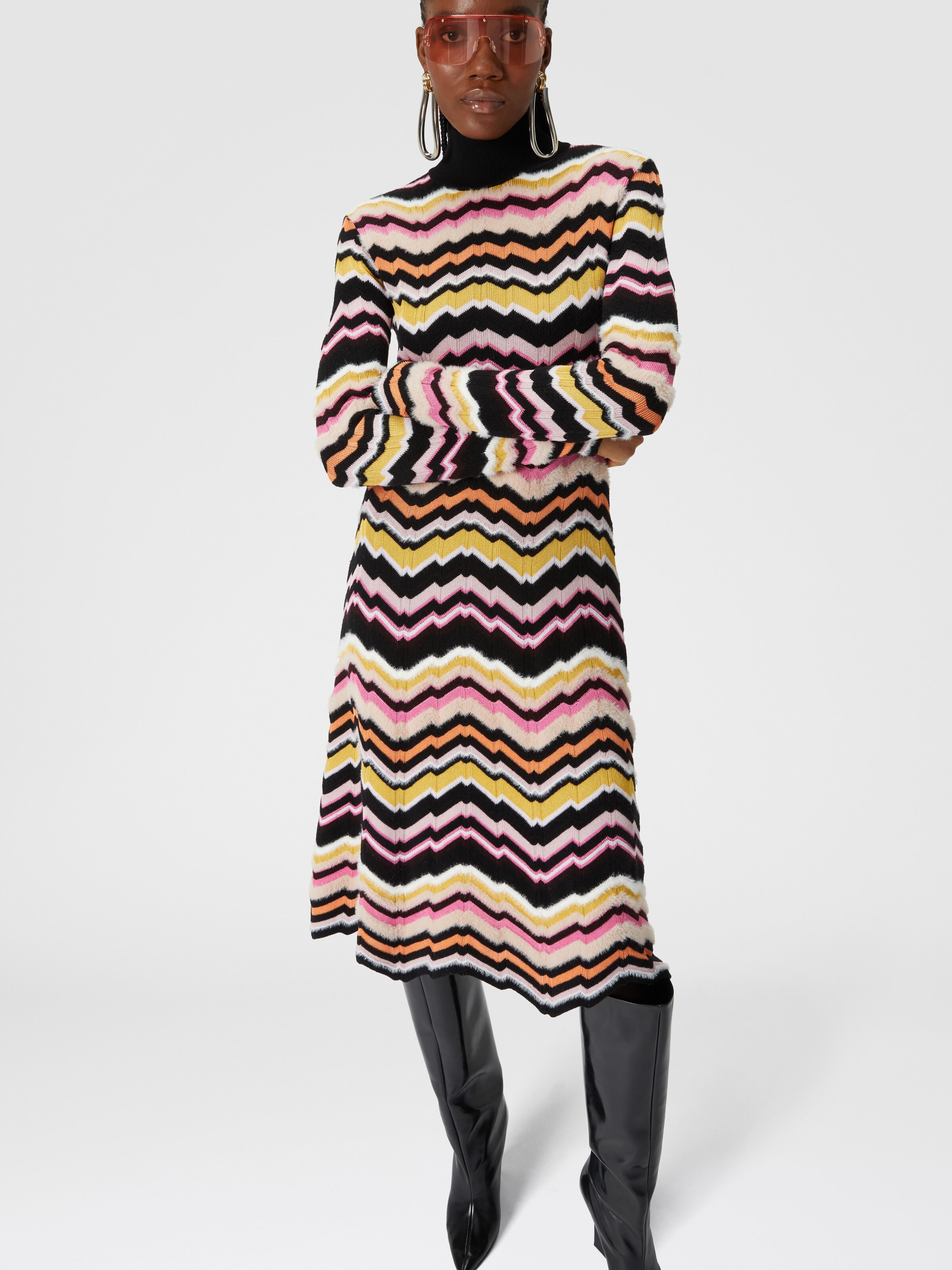 High-necked midi dress with Greek zigzag motif, Multicoloured  - 3