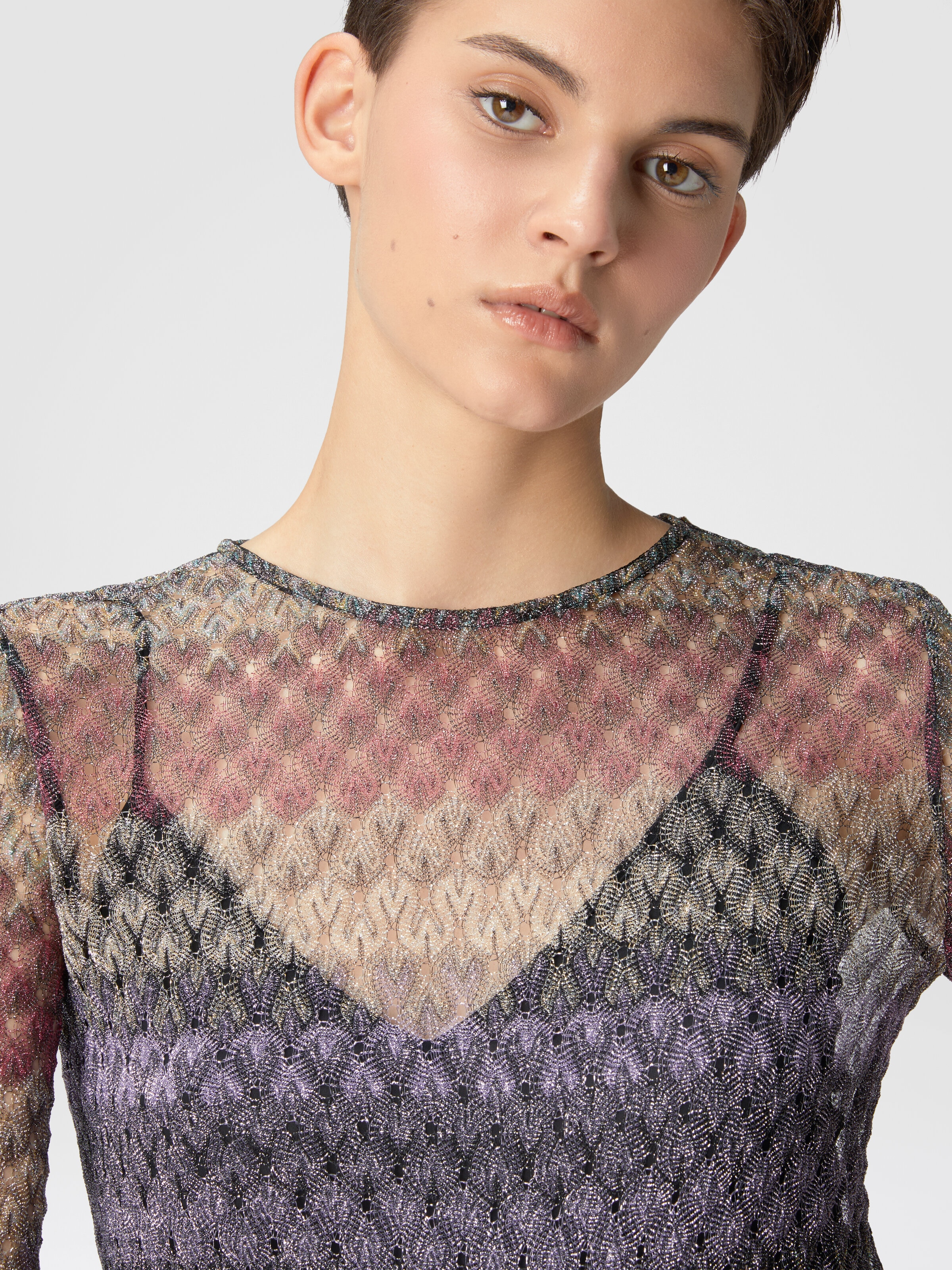 Minivestido de encaje lameté con efecto transparente, Multicolor  - 3