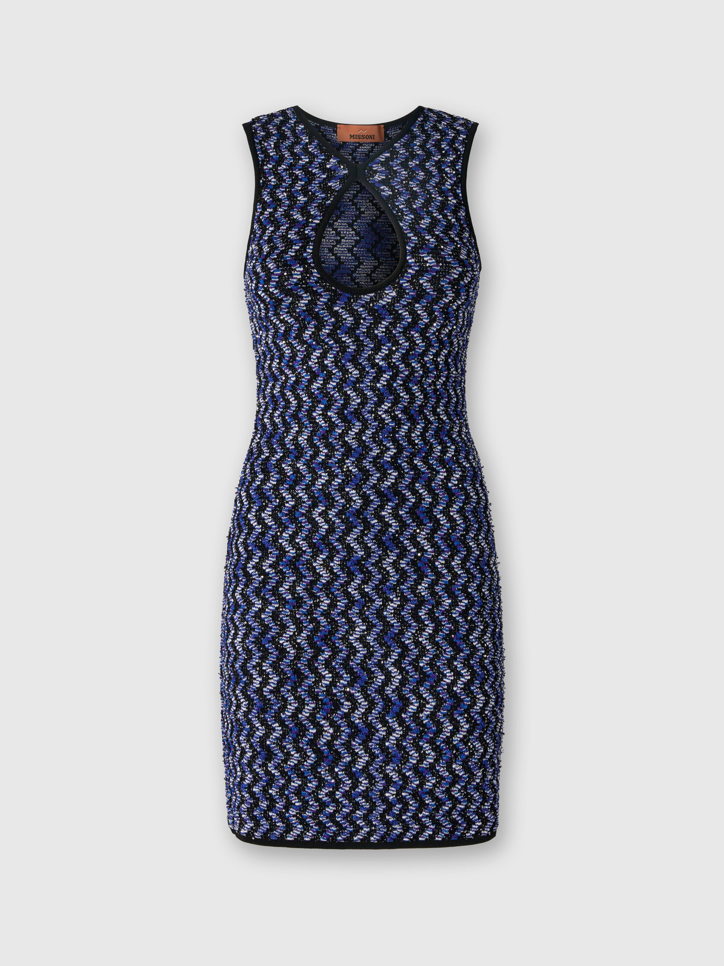 Sleeveless zig zag mini-dress with sequins, Black    - 0