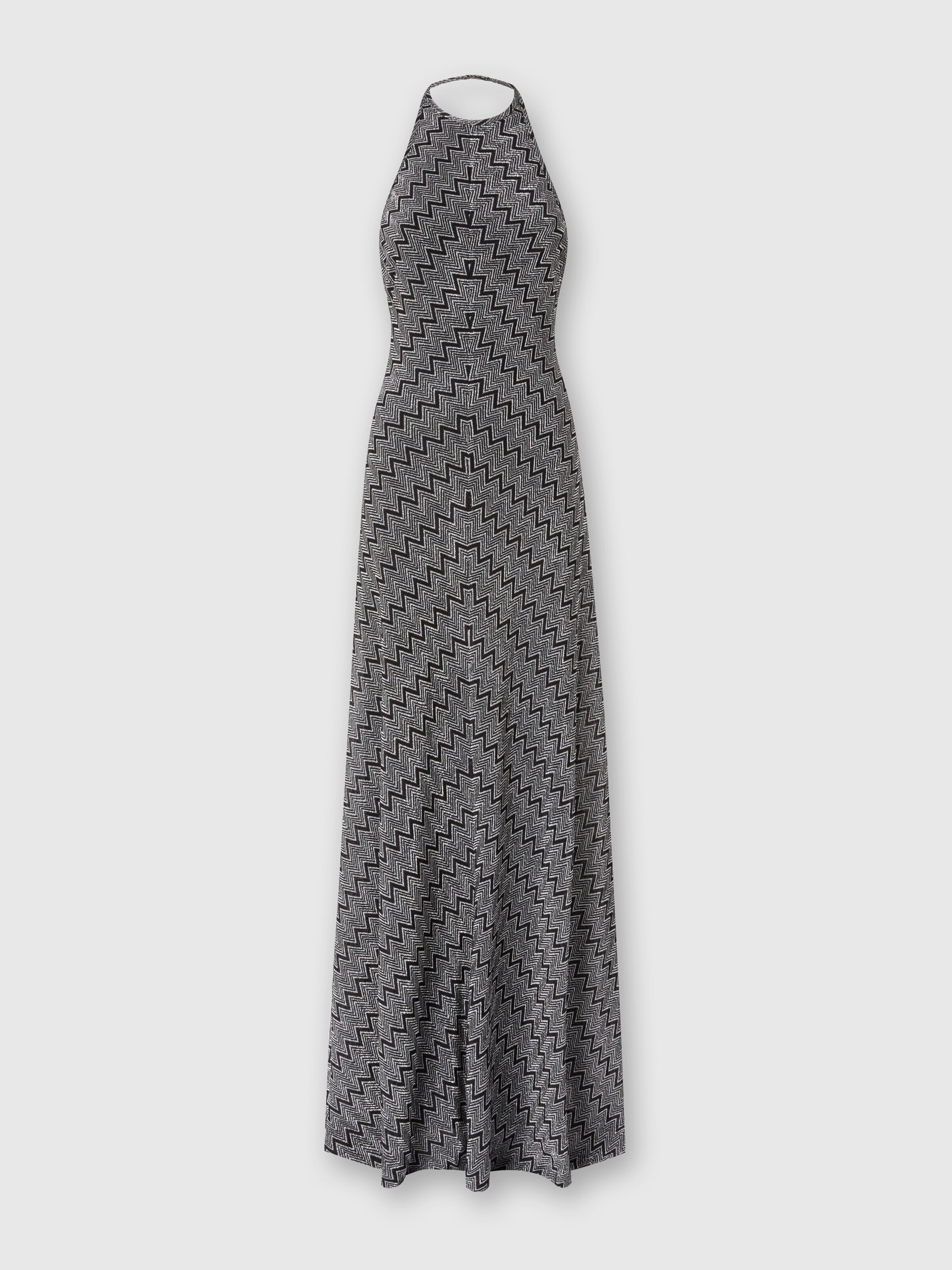 Long zigzag lamé dress with halter neckline, Black & Silver - 0