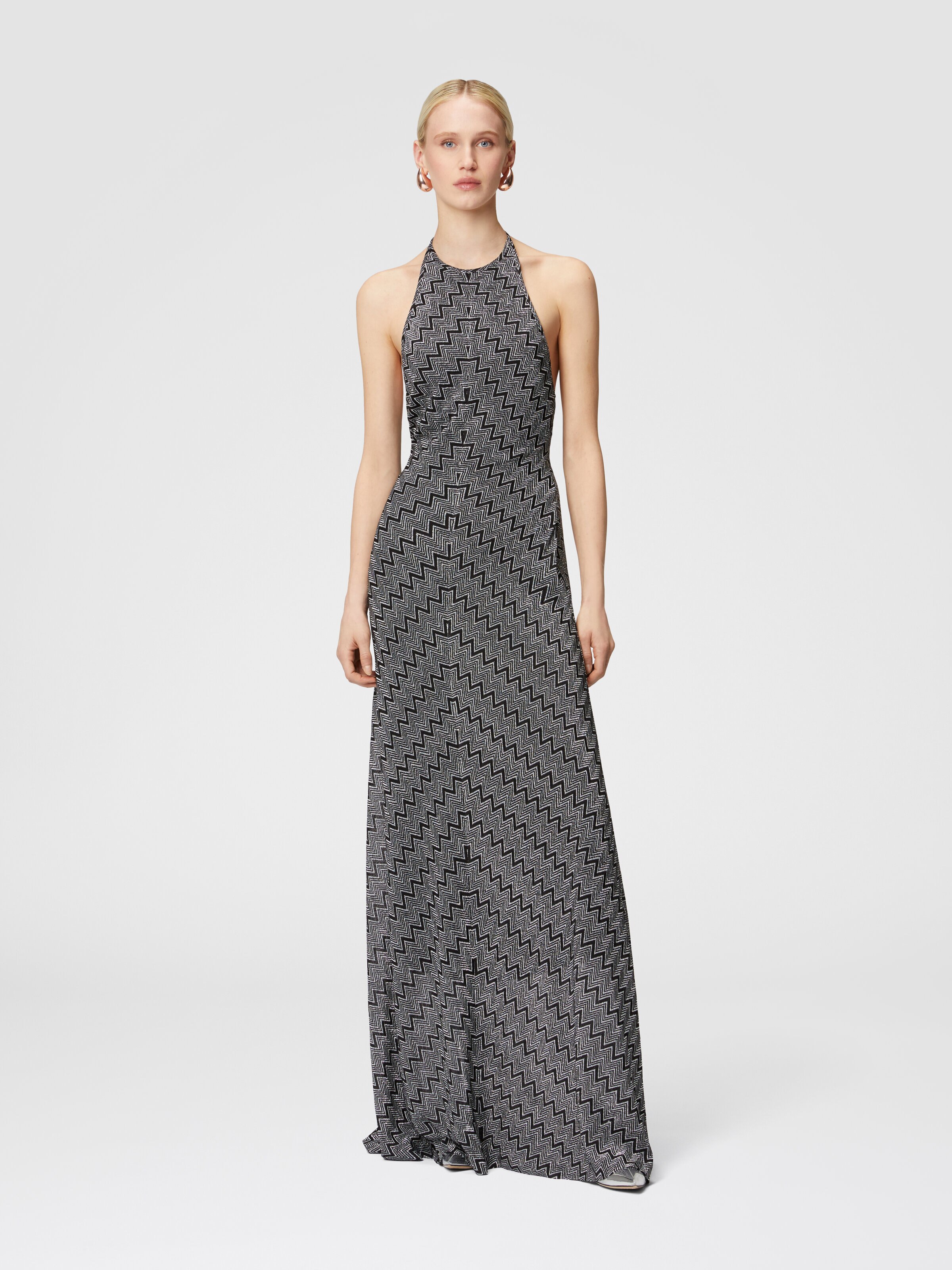 Long zigzag lamé dress with halter neckline, Black & Silver - 1