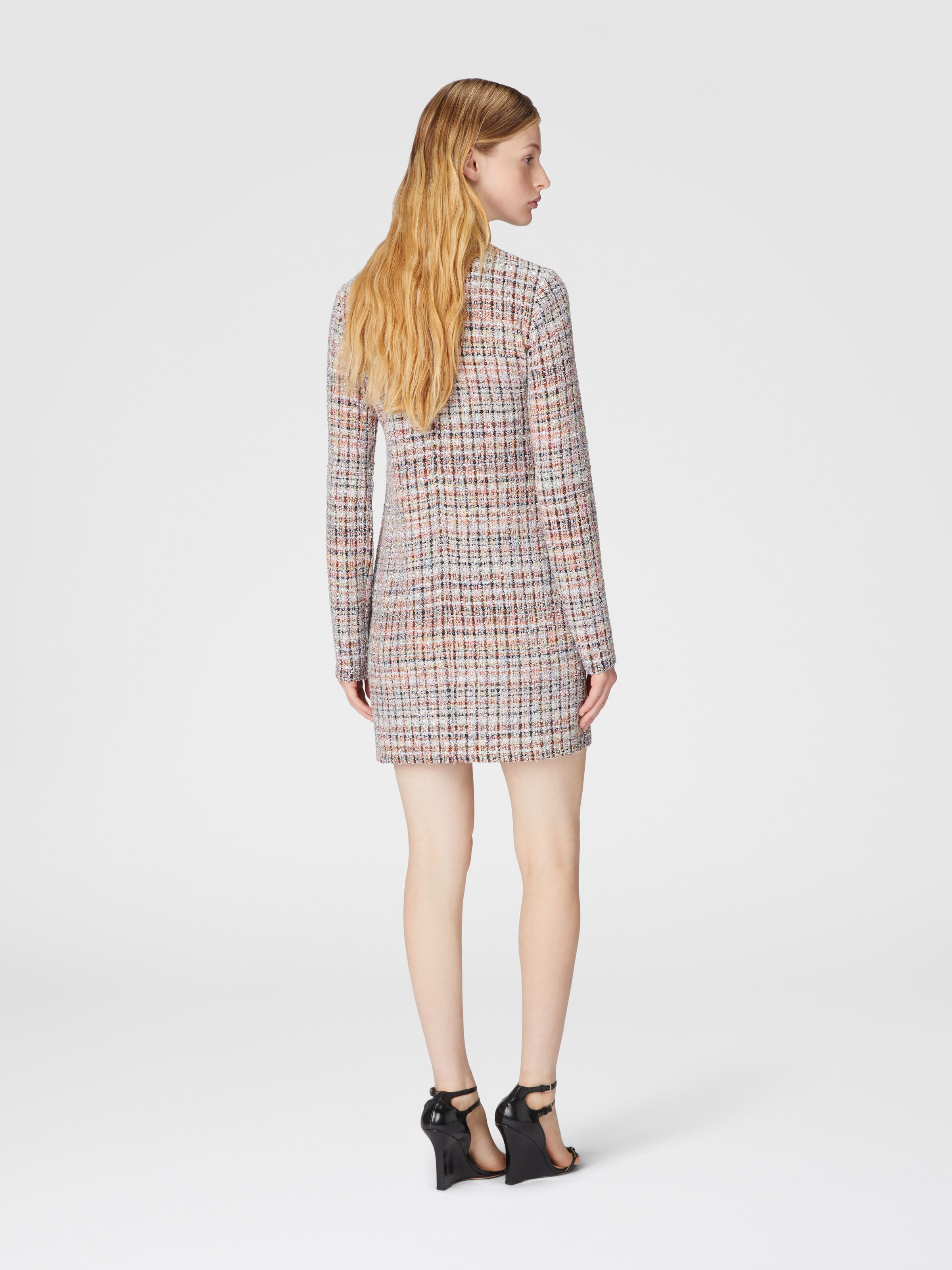 Bouclé checkered mini-dress with sequins, Multicoloured  - 2