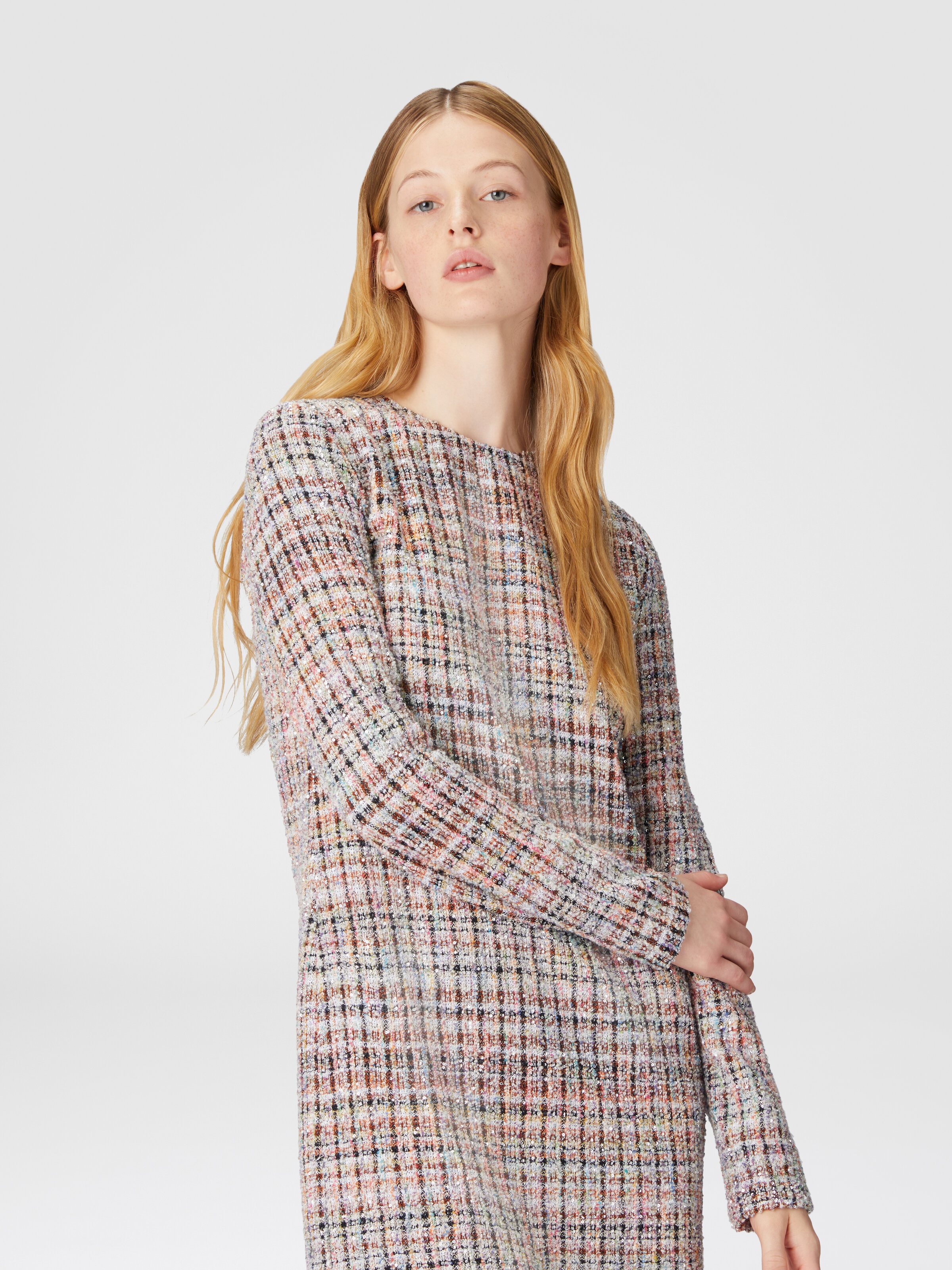 Bouclé checkered mini-dress with sequins, Multicoloured  - 3