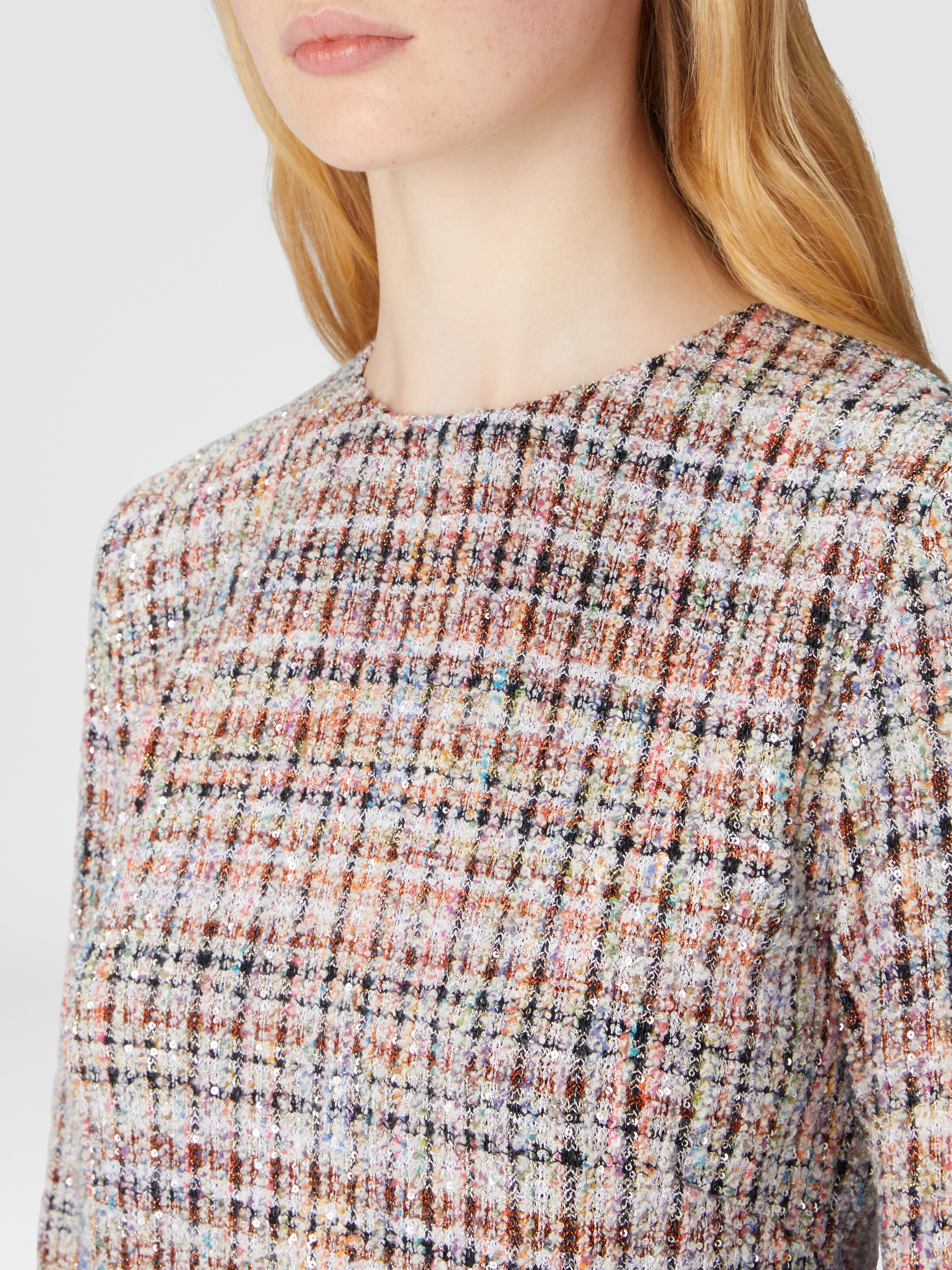 Bouclé checkered mini-dress with sequins, Multicoloured  - 4