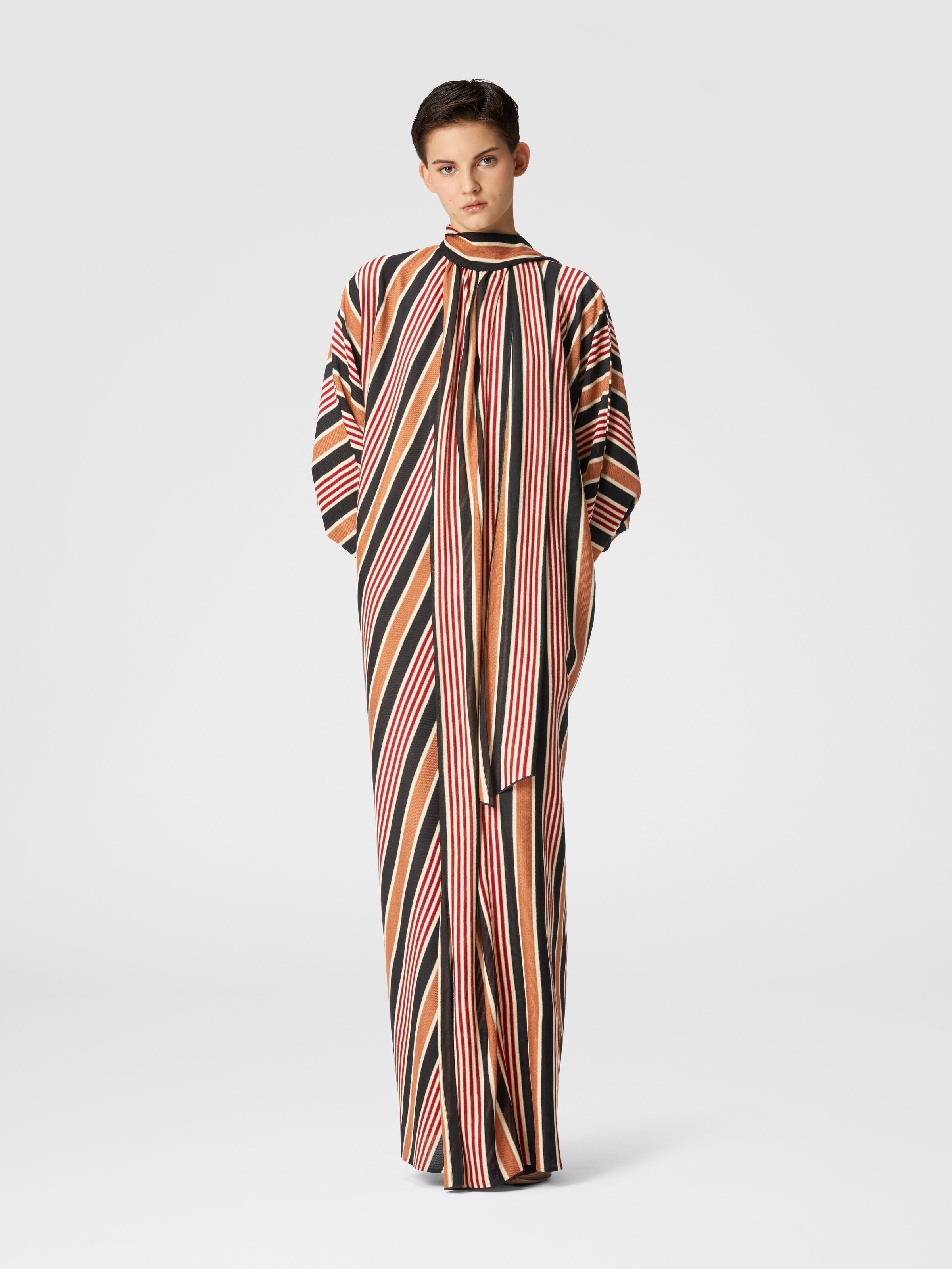Long striped cotton and viscose dress with knotted collar, Multicoloured  - 1
