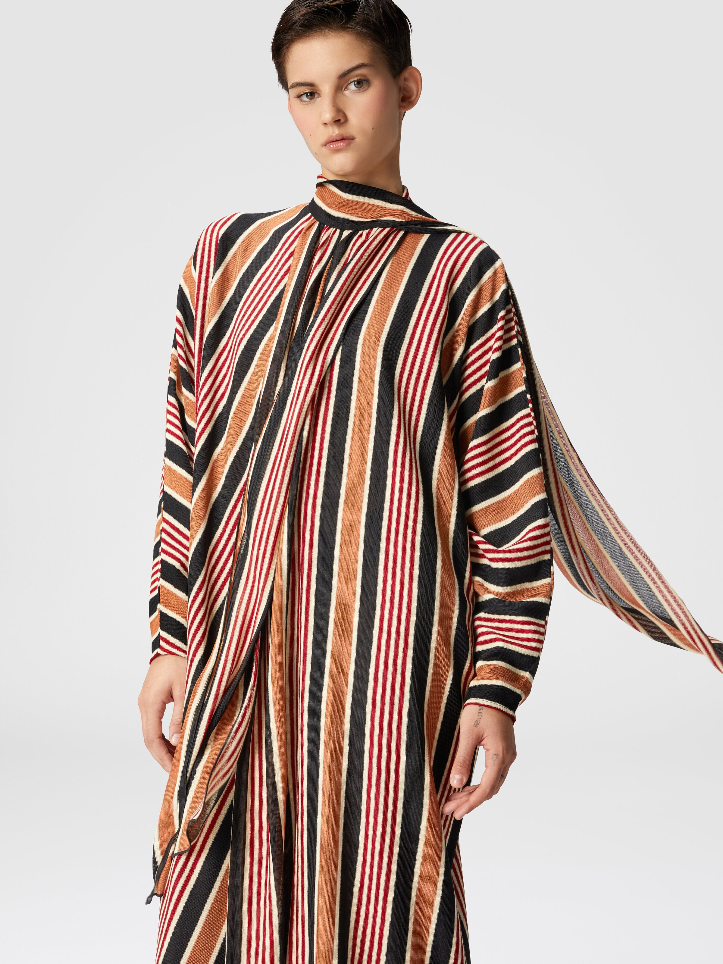 Long striped cotton and viscose dress with knotted collar, Multicoloured  - 3