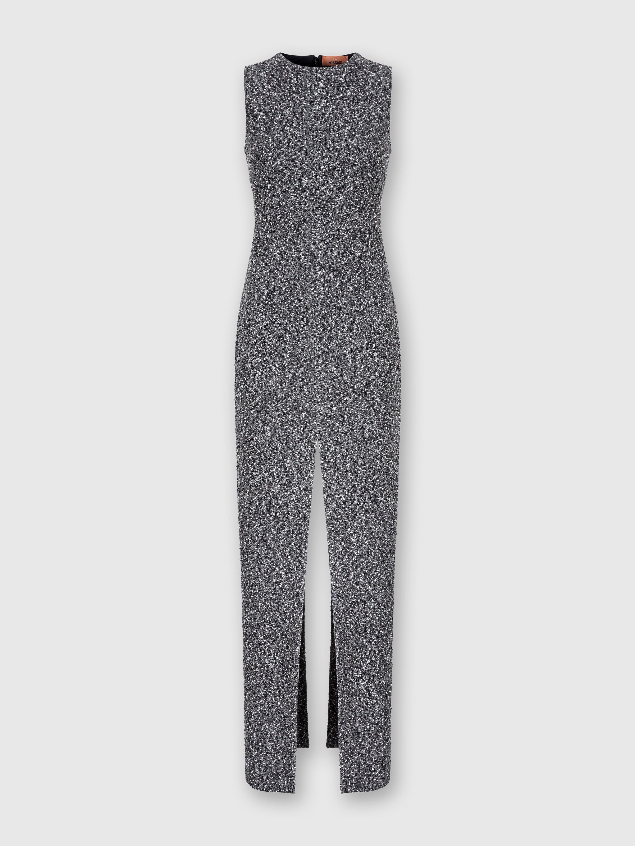 Long sleeveless dress with deep central slit, Black & White - 0