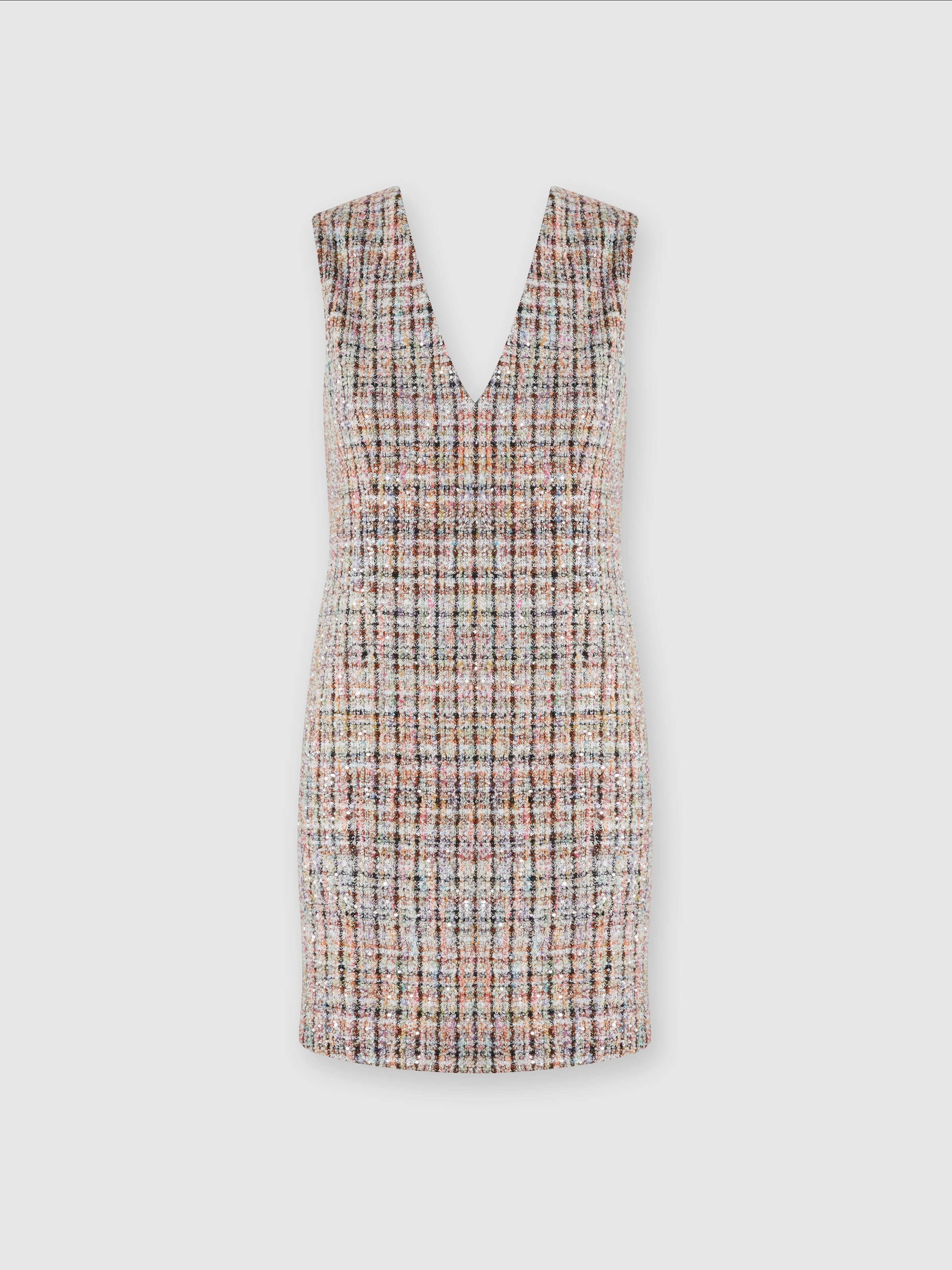 Sleeveless bouclé checkered mini-dress with sequins, Multicoloured  - 0