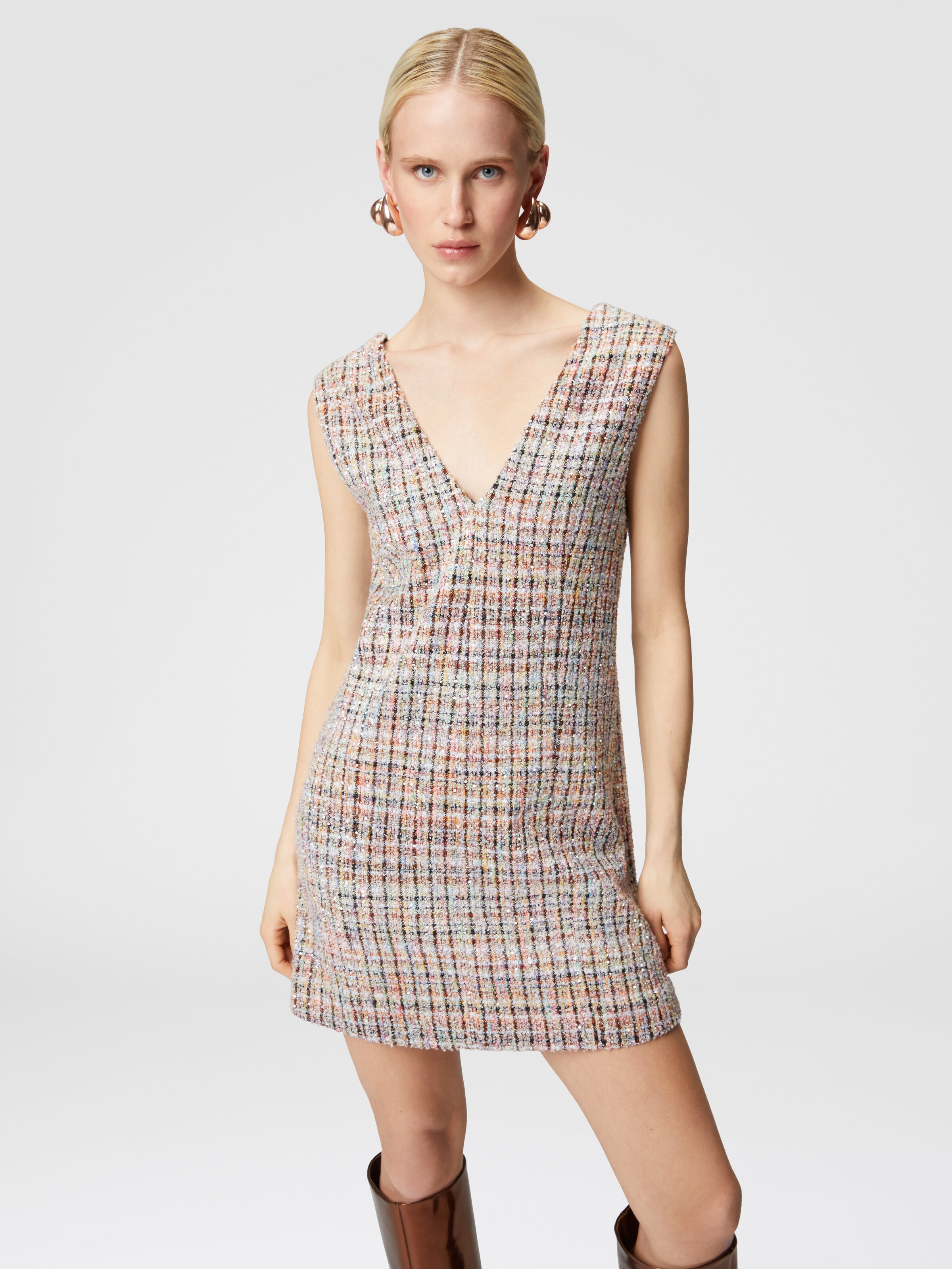 Sleeveless bouclé checkered mini-dress with sequins, Multicoloured  - 3