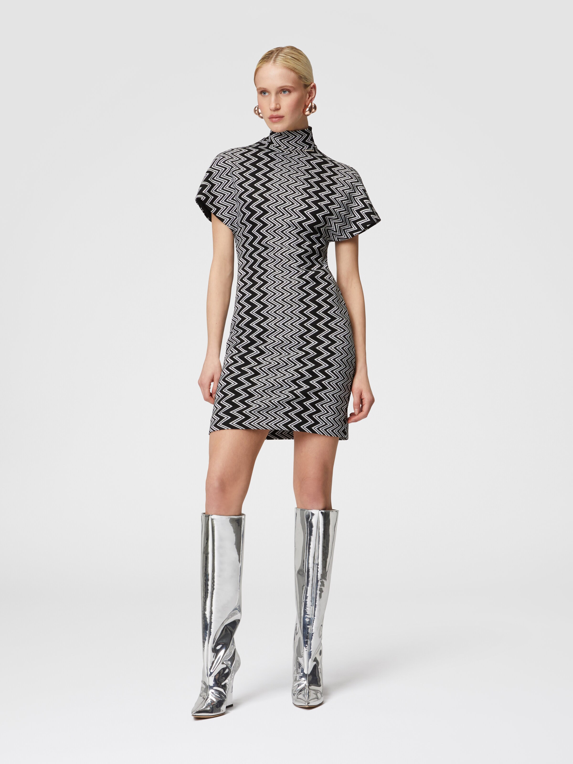 Zig zag mini-dress with sculptural sleeves, Black & White - 1