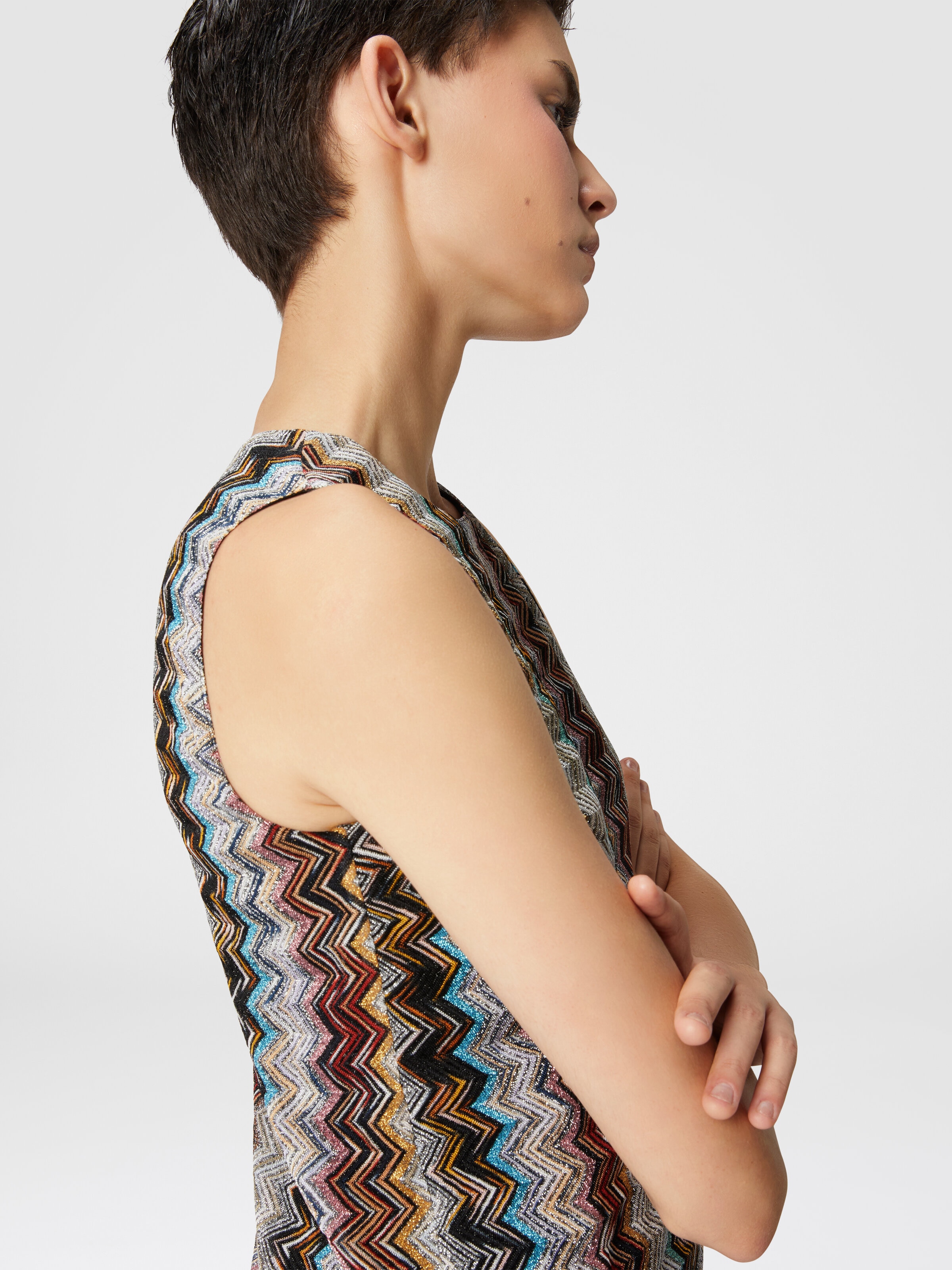 Sleeveless mini-dress in zig zag lamé viscose blend, Multicoloured  - 3
