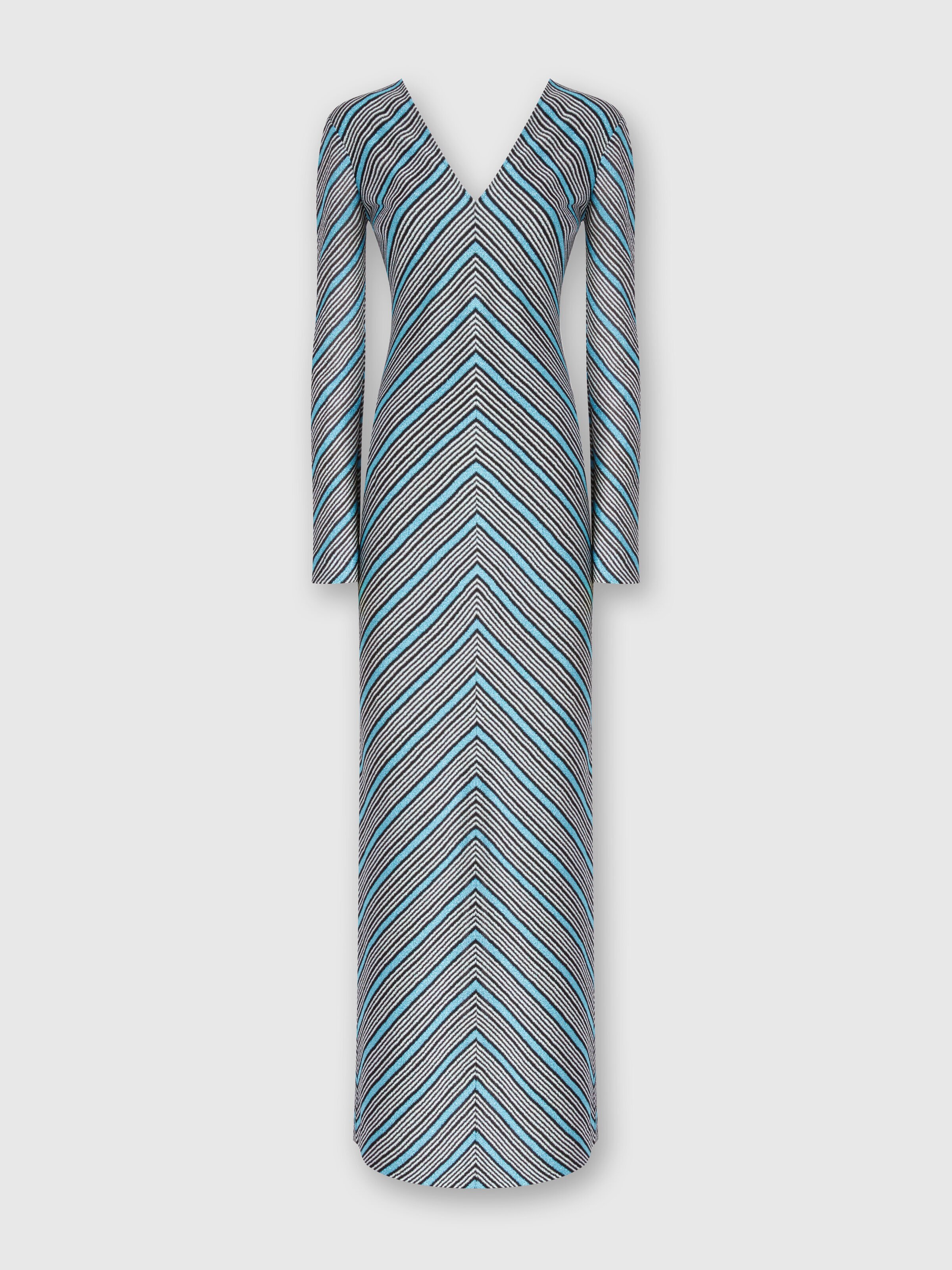 Long striped dress with plunging V-neckline, Multicoloured  - 0