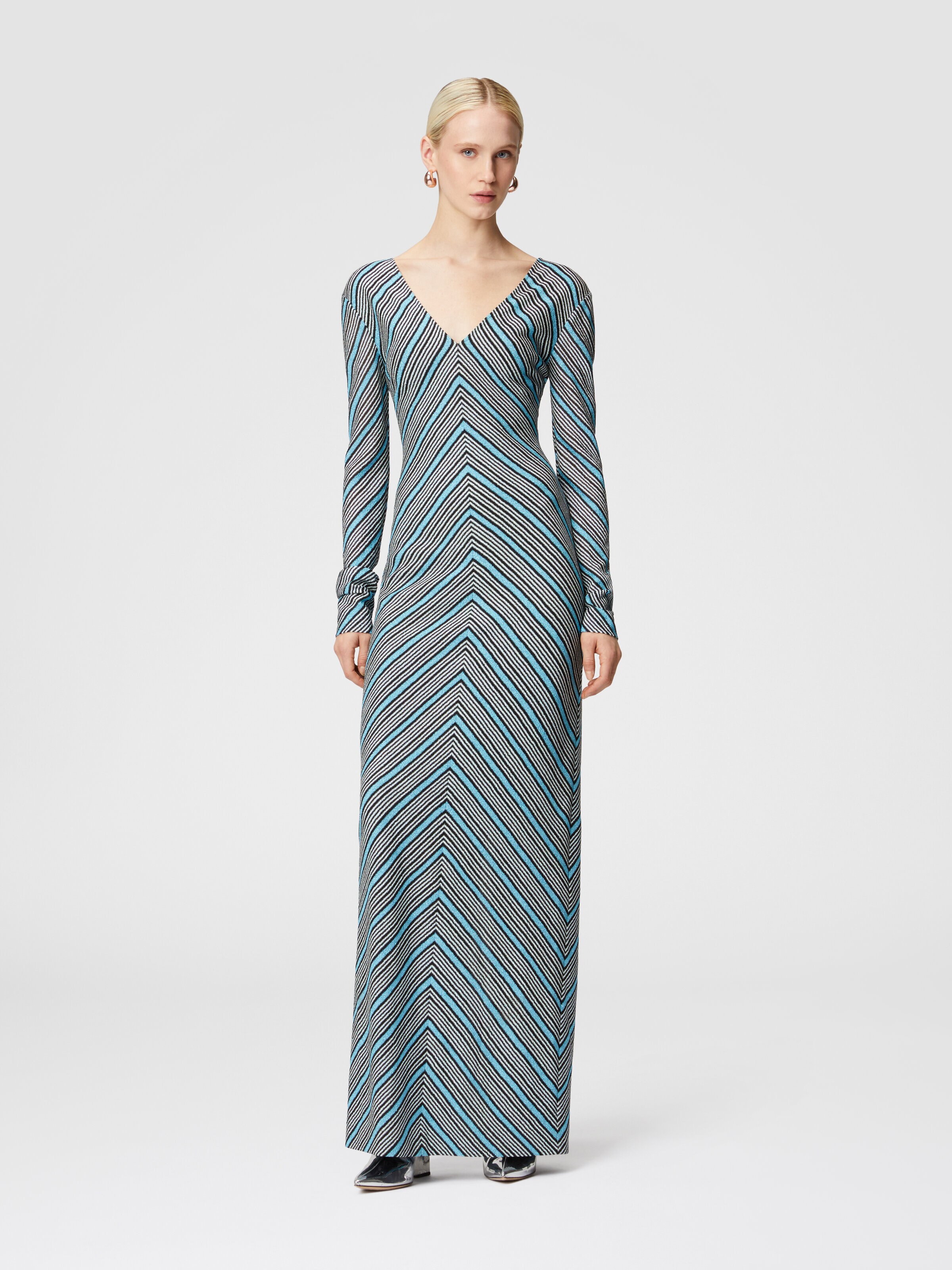 Long striped dress with plunging V-neckline, Multicoloured  - 1