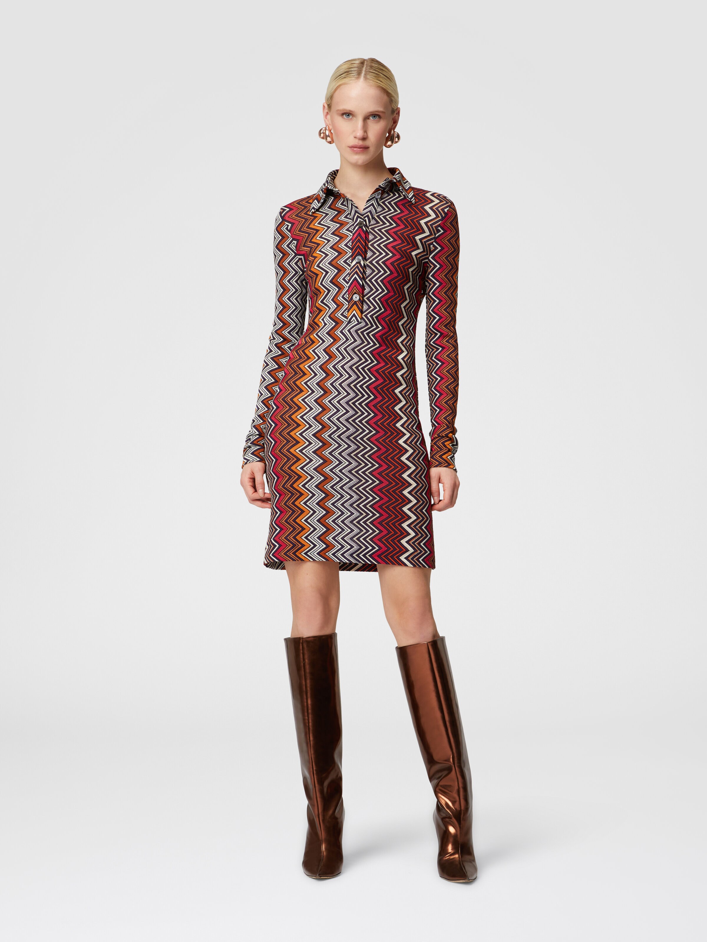 Polo cut dress in viscose and zigzag wool, Multicoloured  - 1