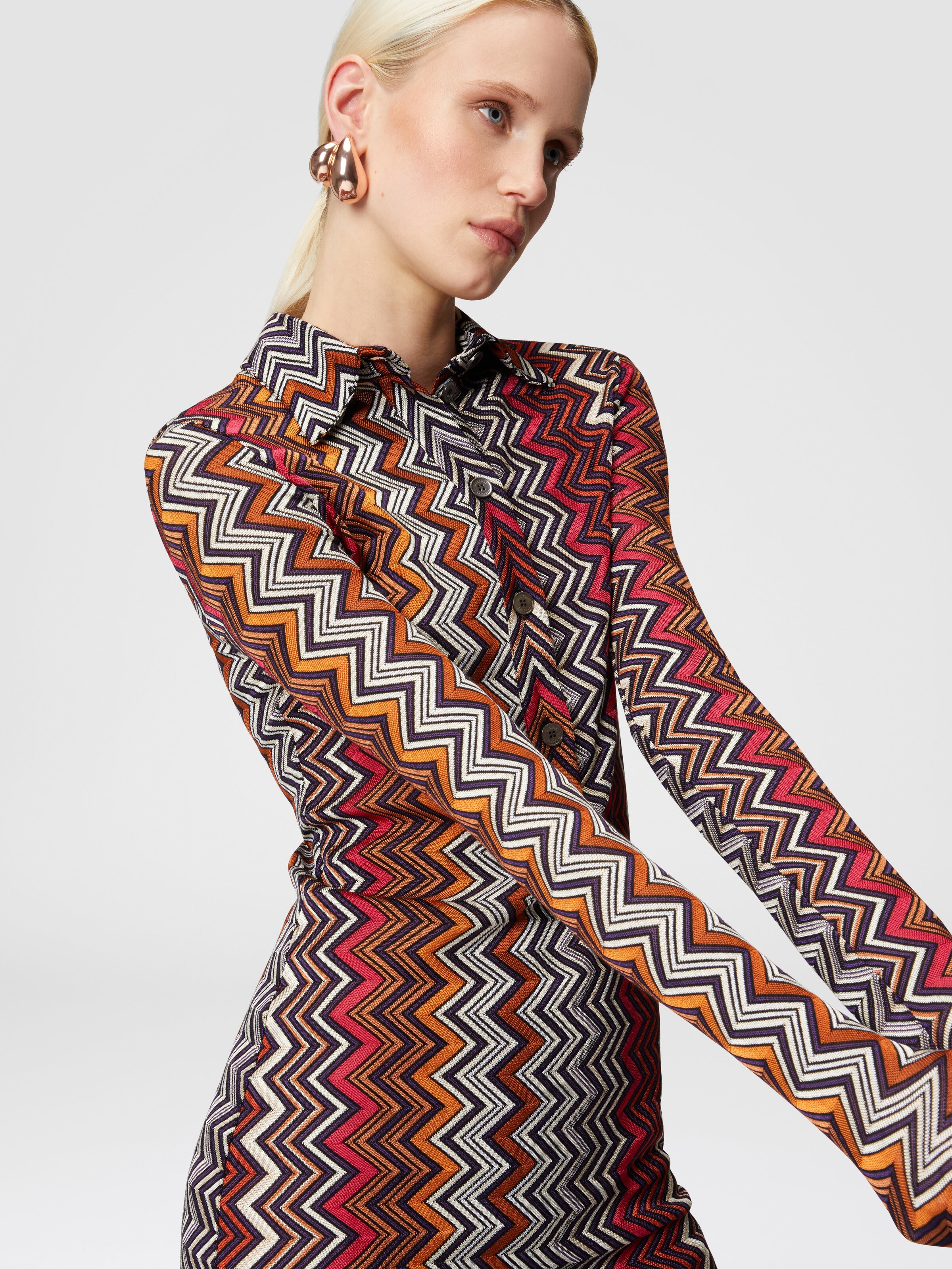 Polo cut dress in viscose and zigzag wool, Multicoloured  - 4