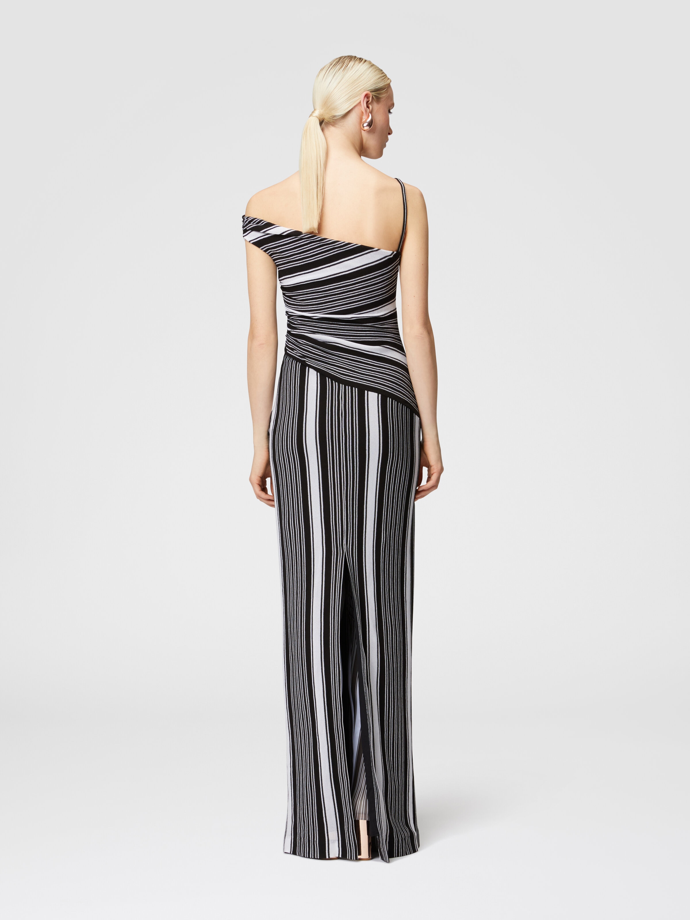 Long cotton and viscose dress with asymmetrical neckline, Black & White - 2