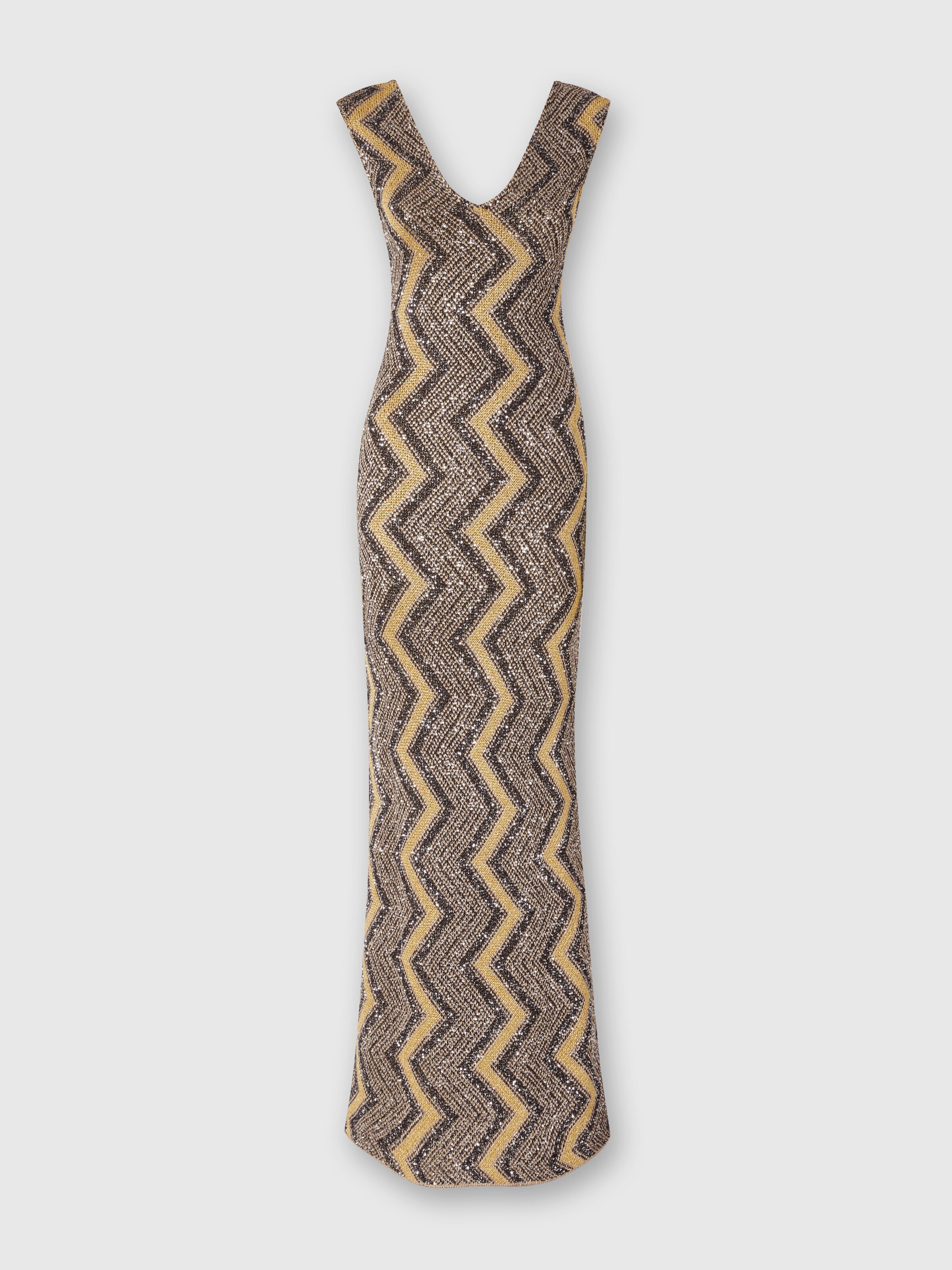 Long zig zag dress with plunging neckline and sequins, Black & Gold - 0