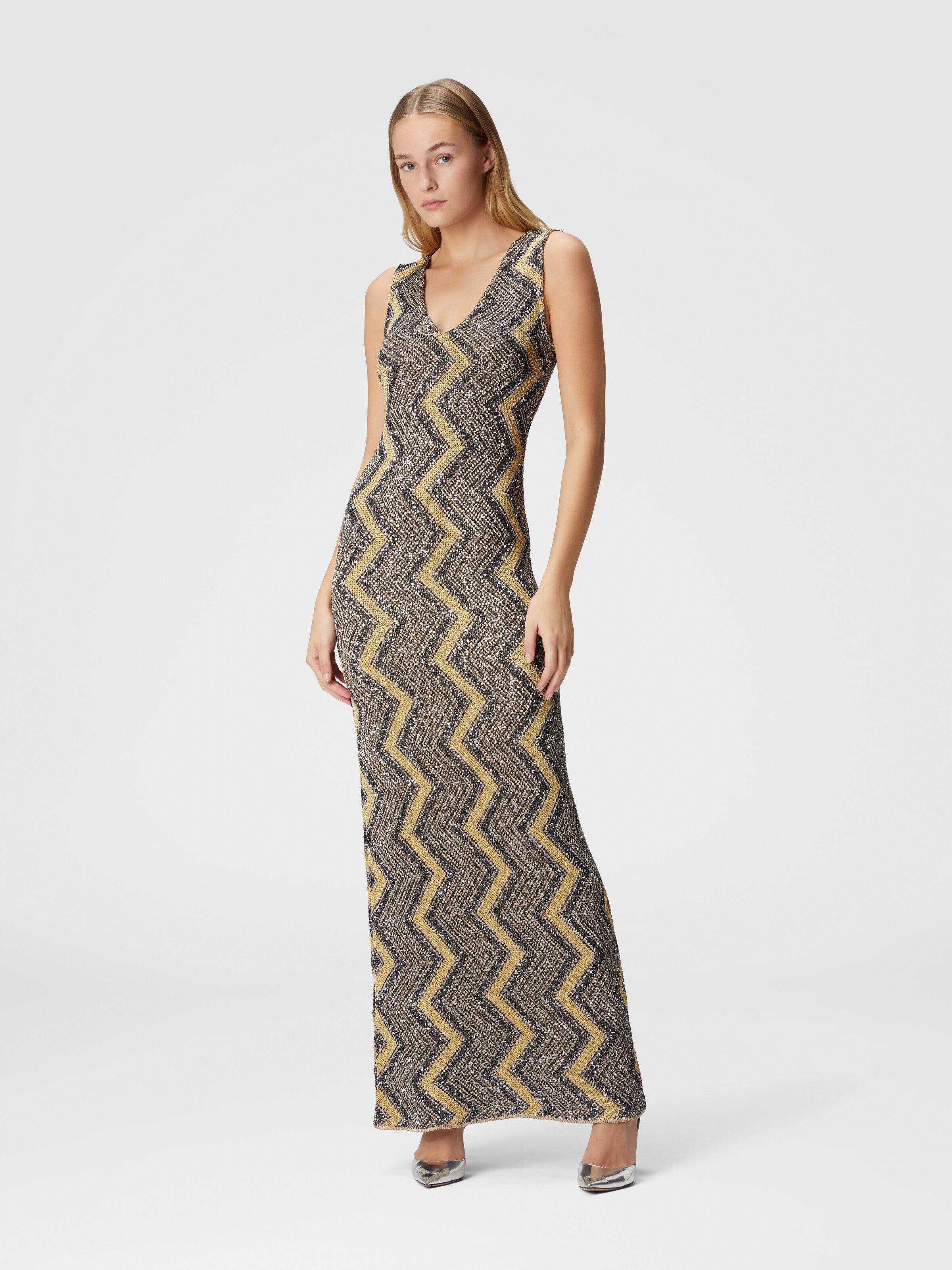 Long zig zag dress with plunging neckline and sequins, Black & Gold - 1