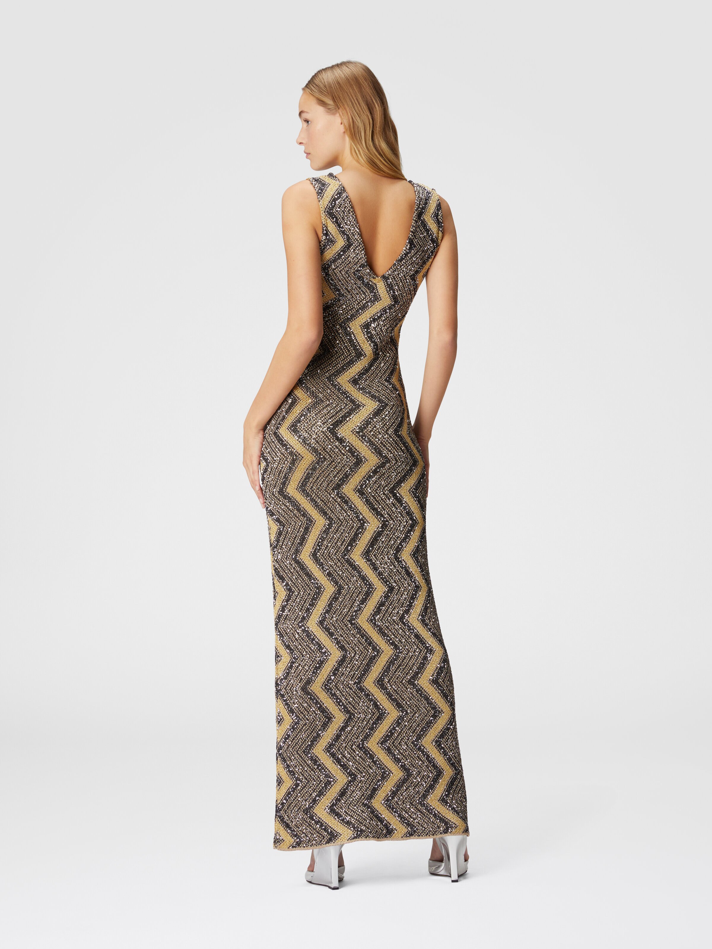 Long zig zag dress with plunging neckline and sequins, Black & Gold - 2