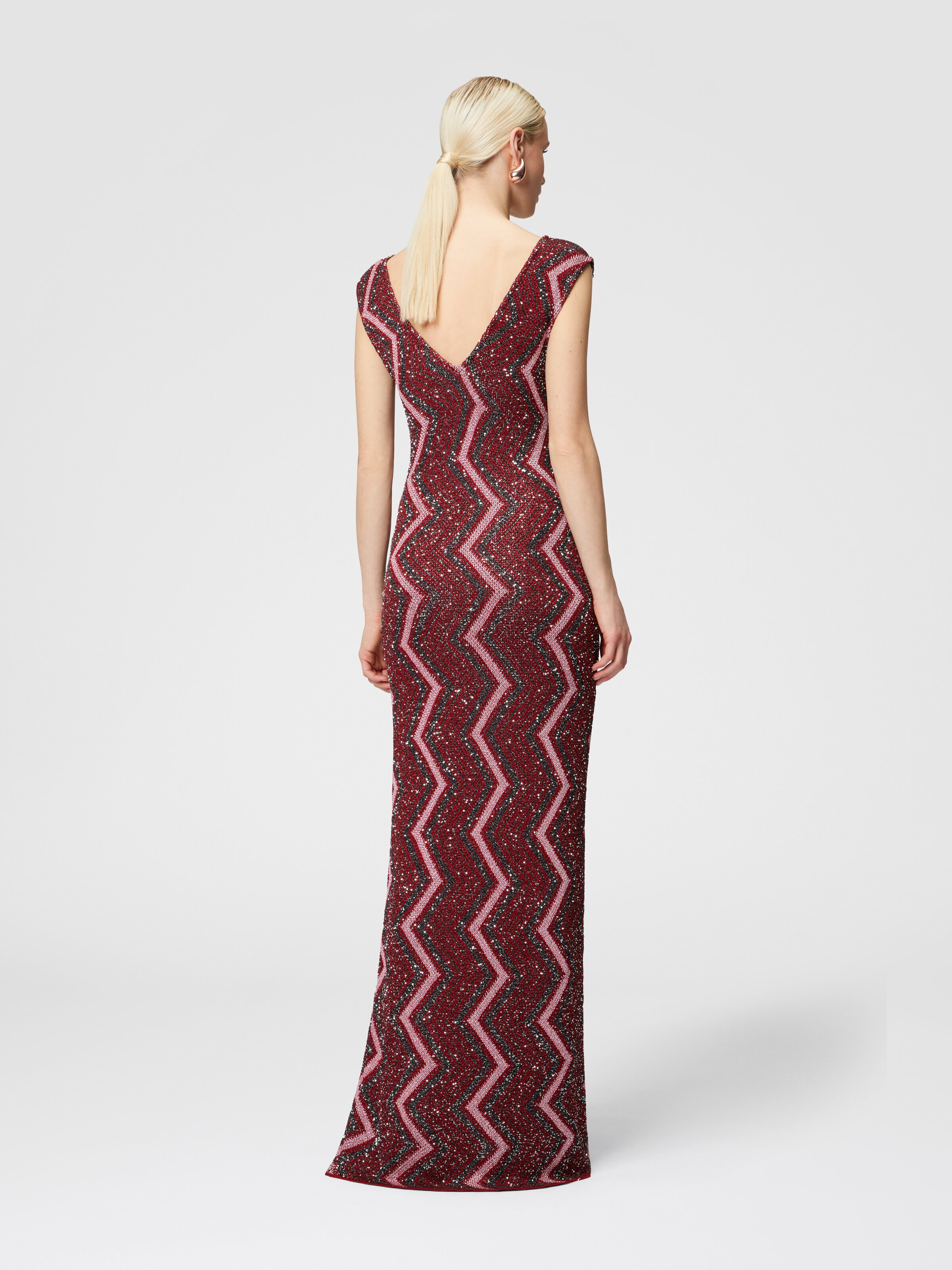 Long zig zag dress with plunging neckline and sequins, Multicoloured  - 2