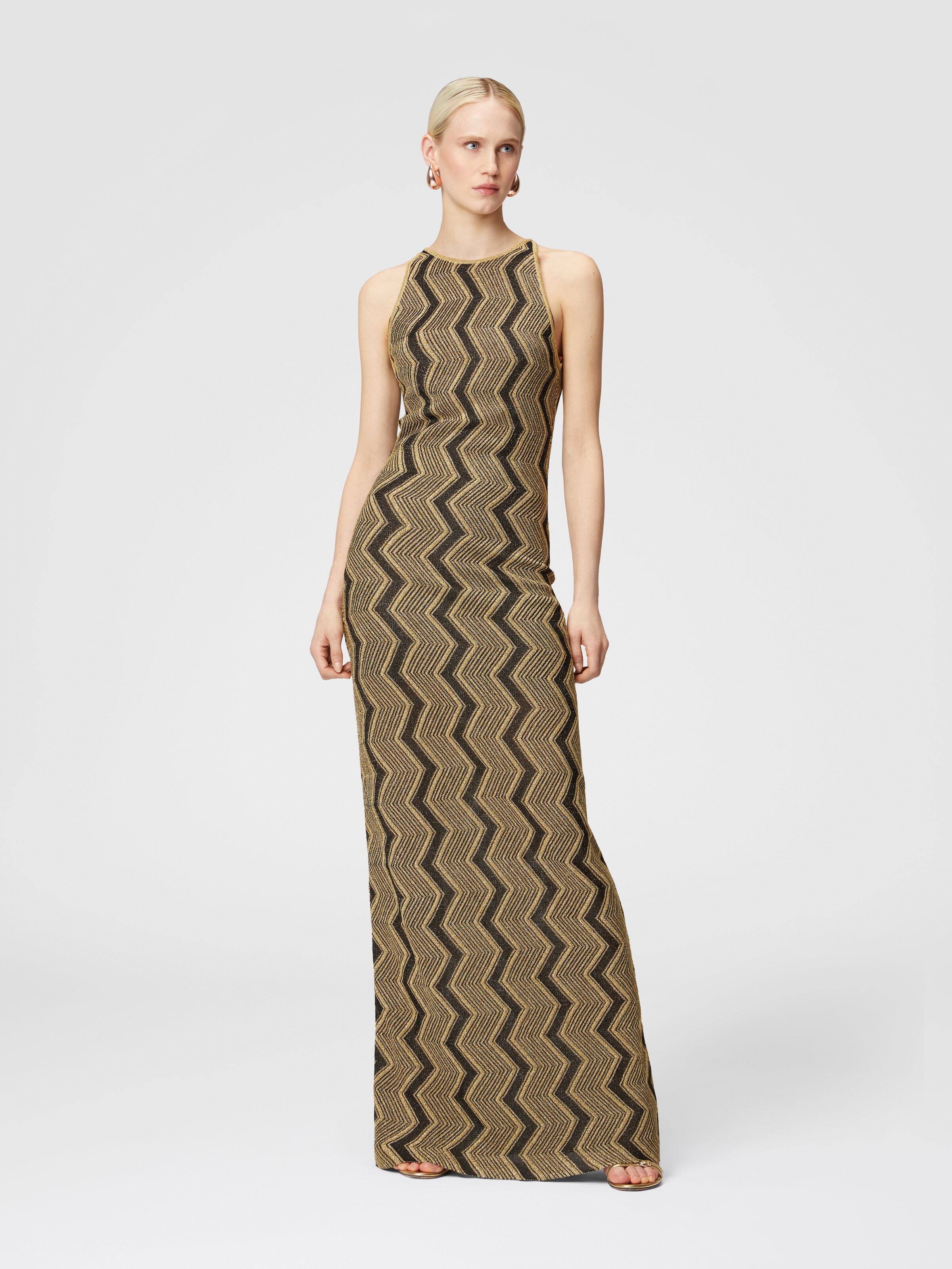 Long sleeveless dress with zigzag lamé pattern, Black & Gold - 1