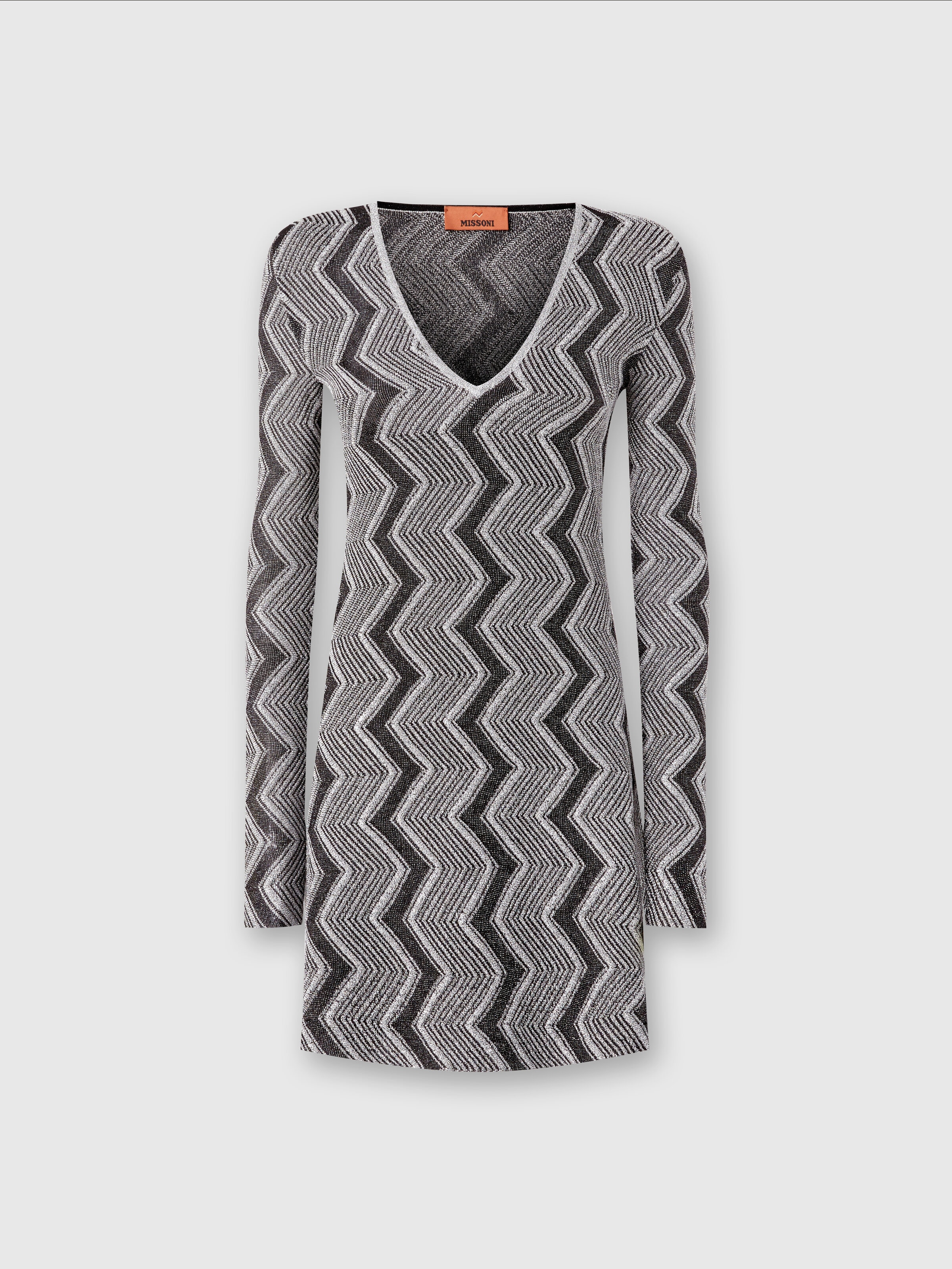 V neck dress in lame zig zag viscose Black Silver Missoni