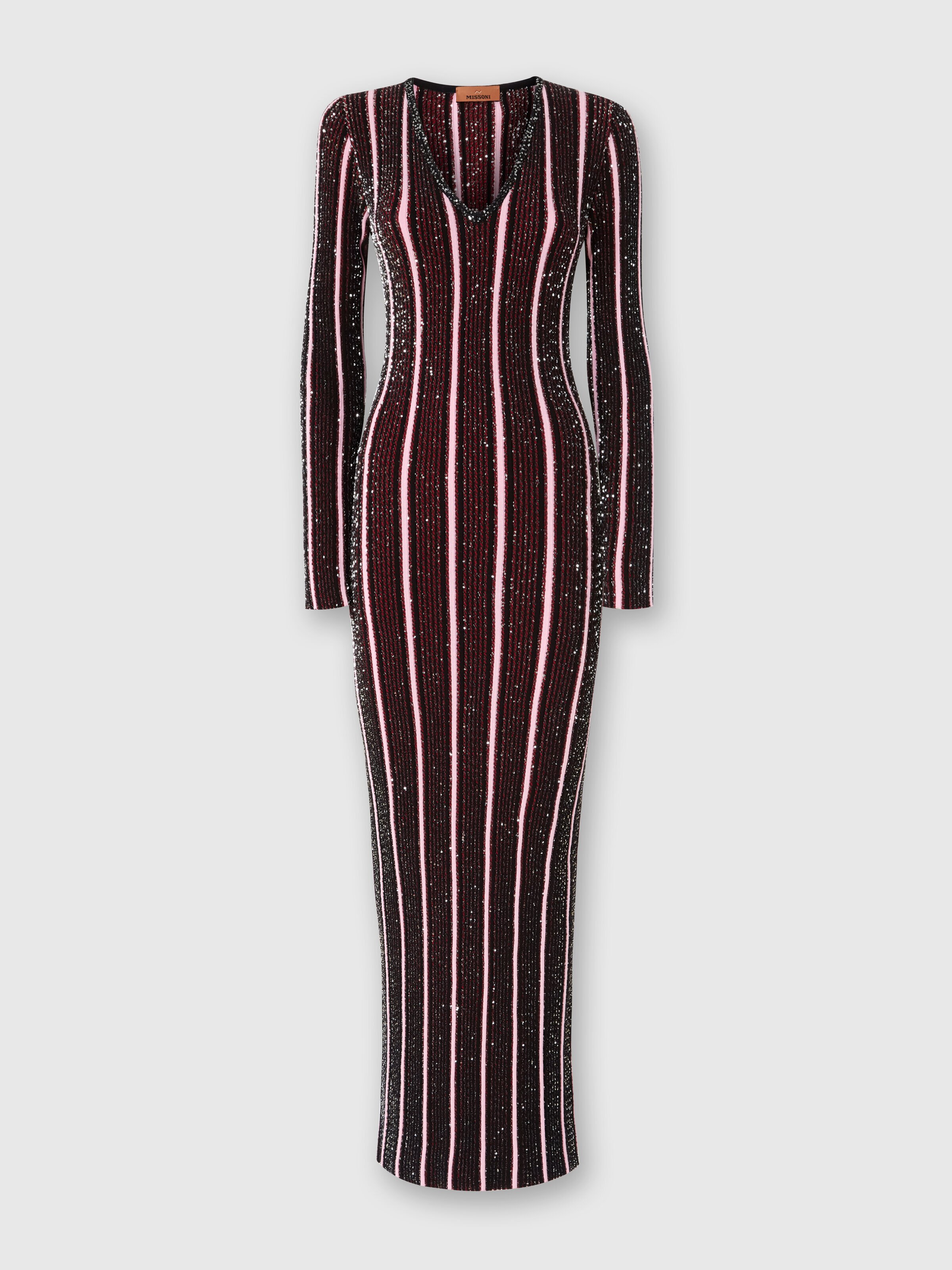 Long ribbed ribbed dress with sequins, Red  & Black - 0