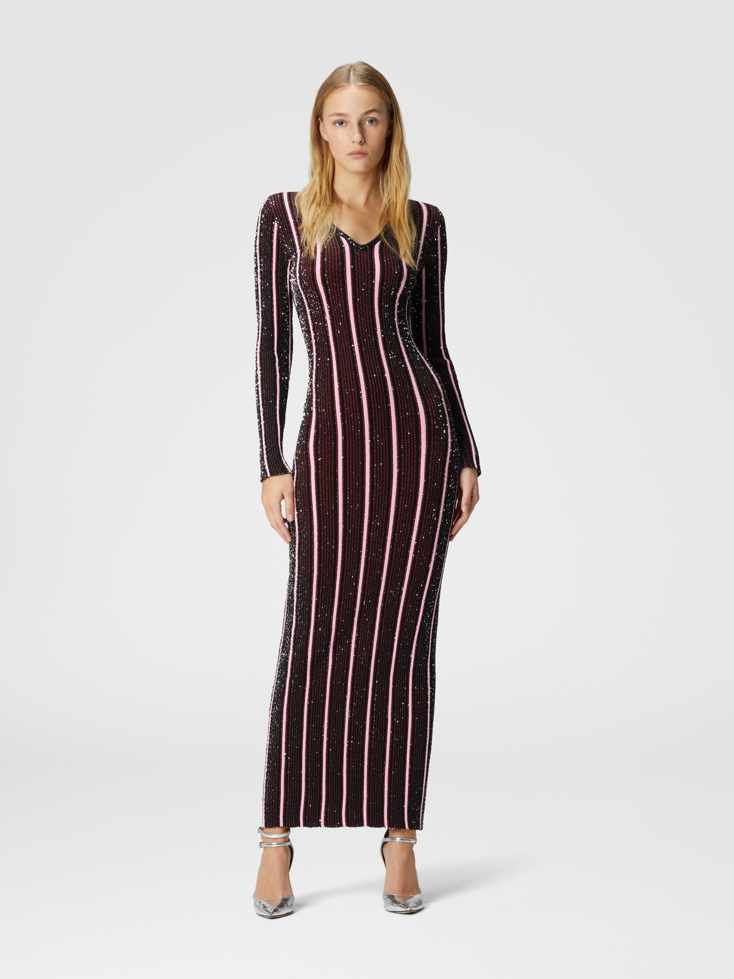 Long ribbed ribbed dress with sequins, Red  & Black - 1