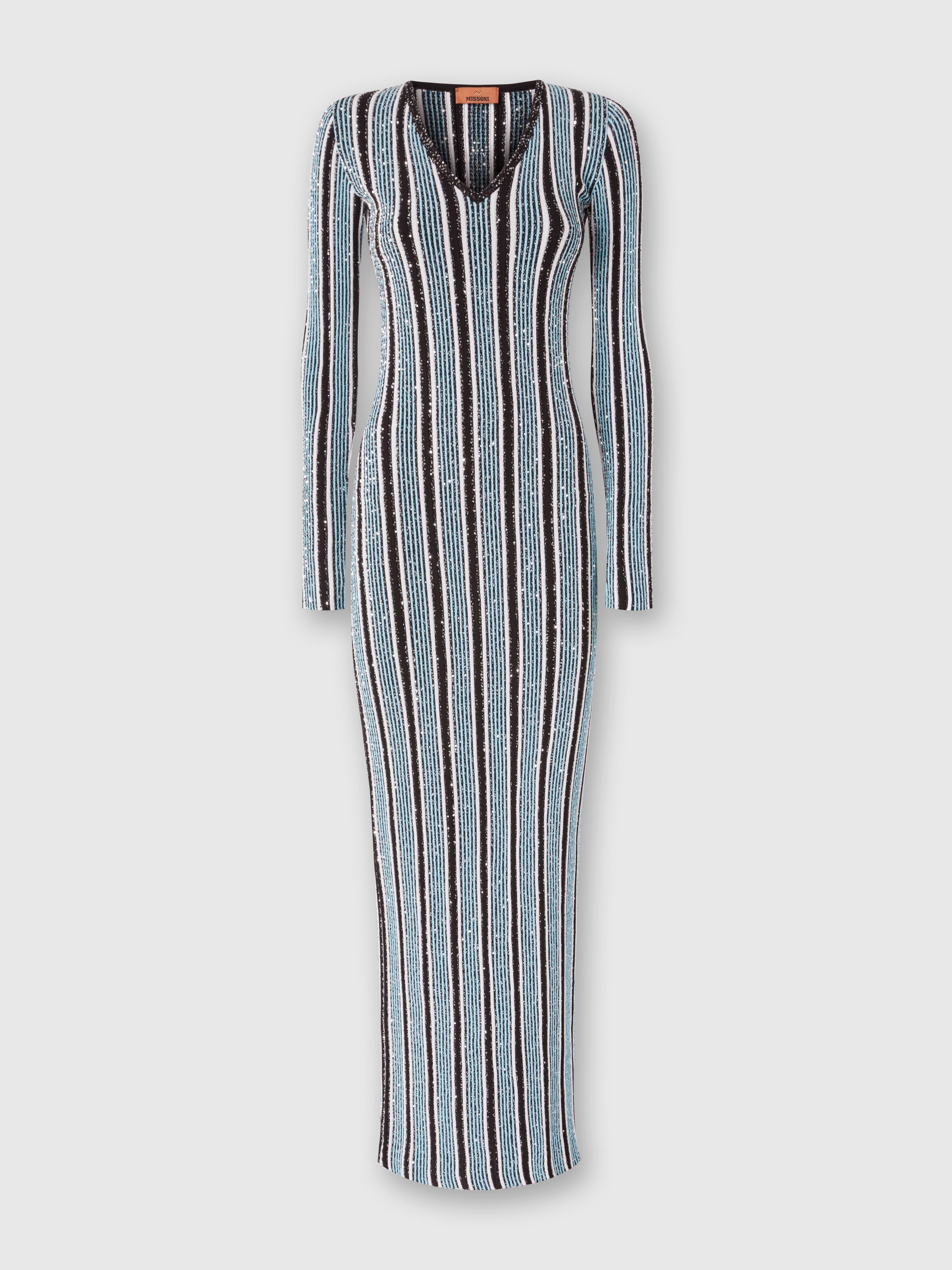 Langes geripptes Rippkleid mit Pailletten, Schwarz & Hellblau - 0