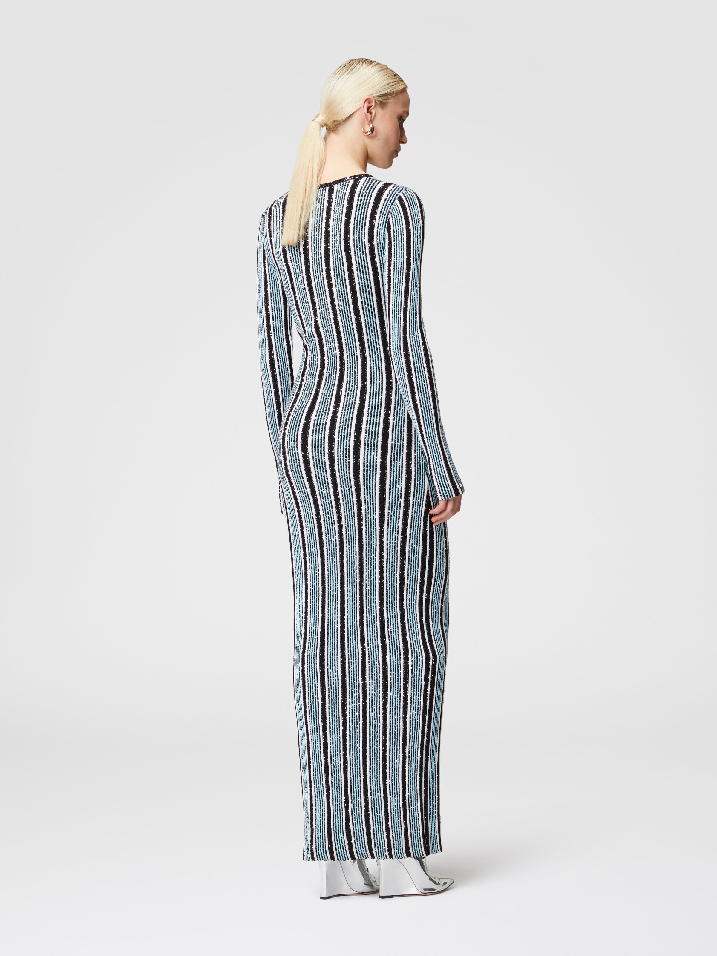 Langes geripptes Rippkleid mit Pailletten, Schwarz & Hellblau - 2